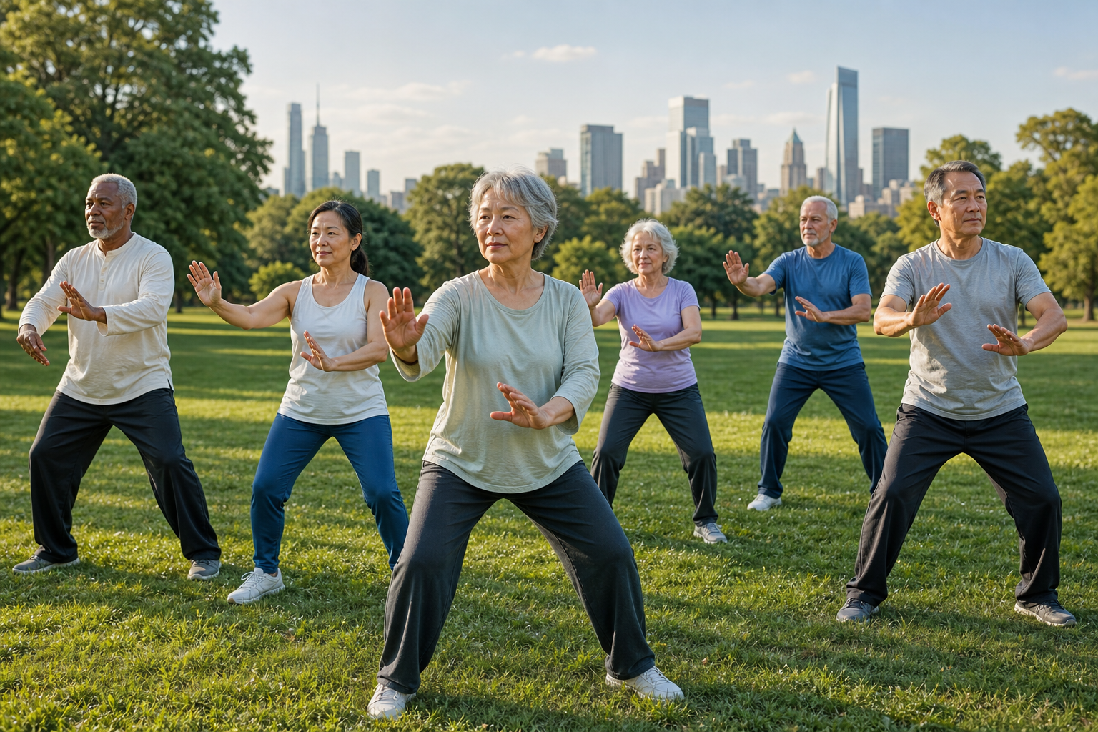 Seniors practicing tai chi in a park for arthritis and balance