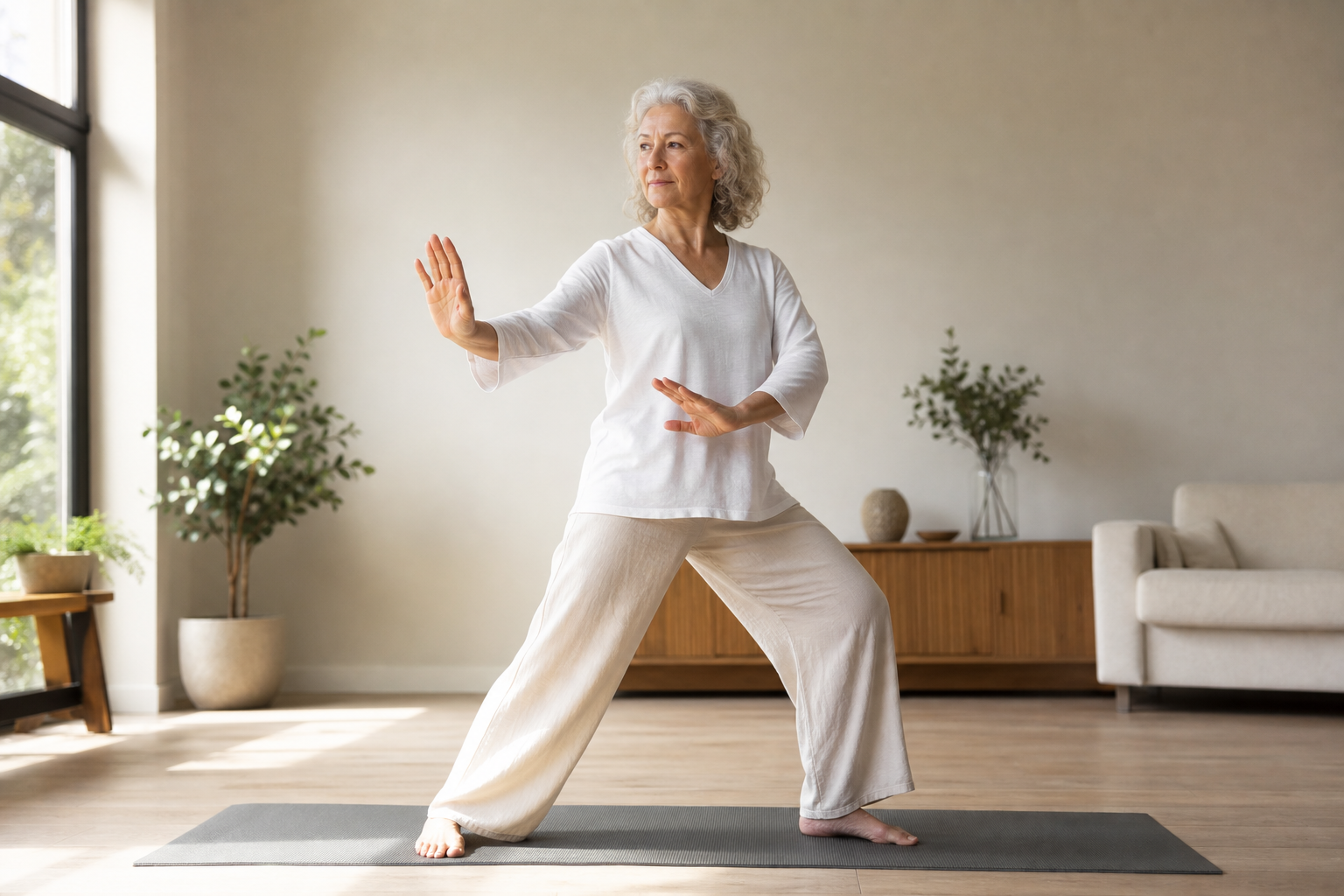 Tai chi stance close-up showing foot and leg position for balance
