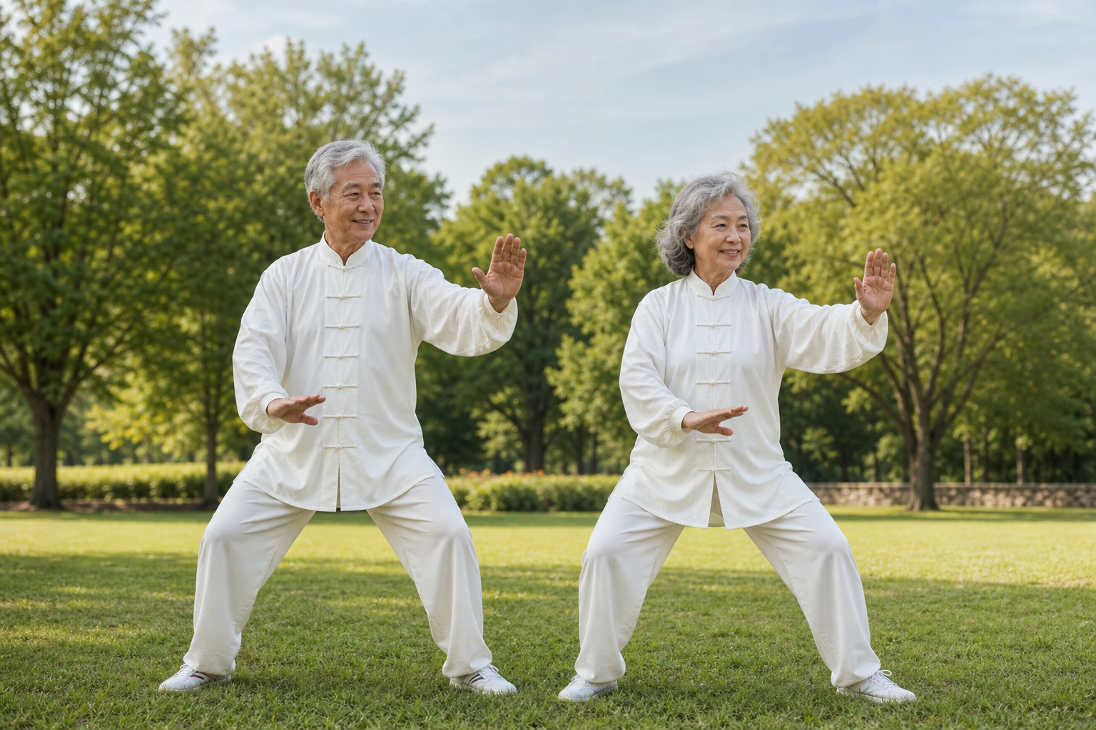 Older couple practicing tai chi together on grass, smiling and relaxed