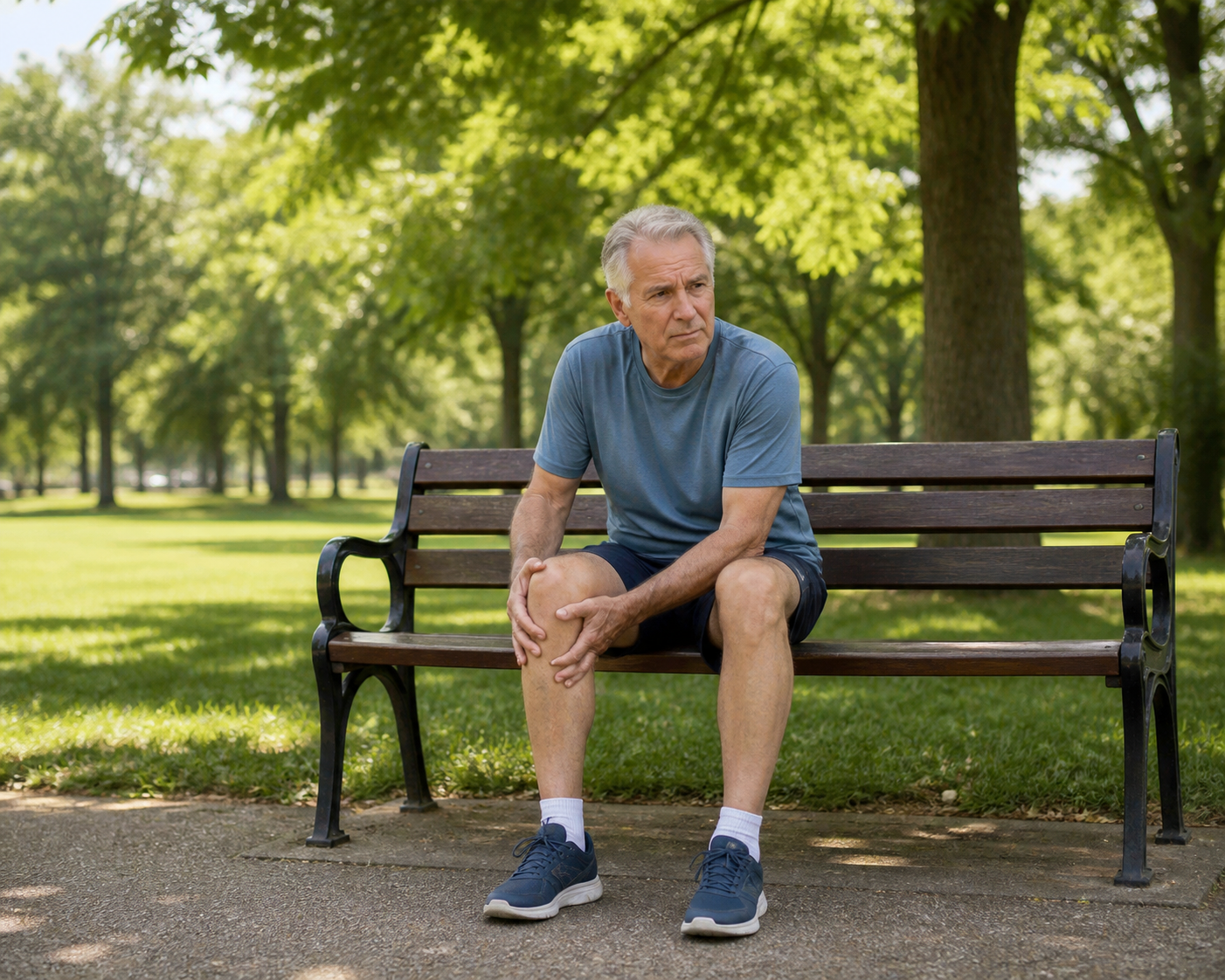 Older adult holding knee on park bench, contemplating pain and surgery.