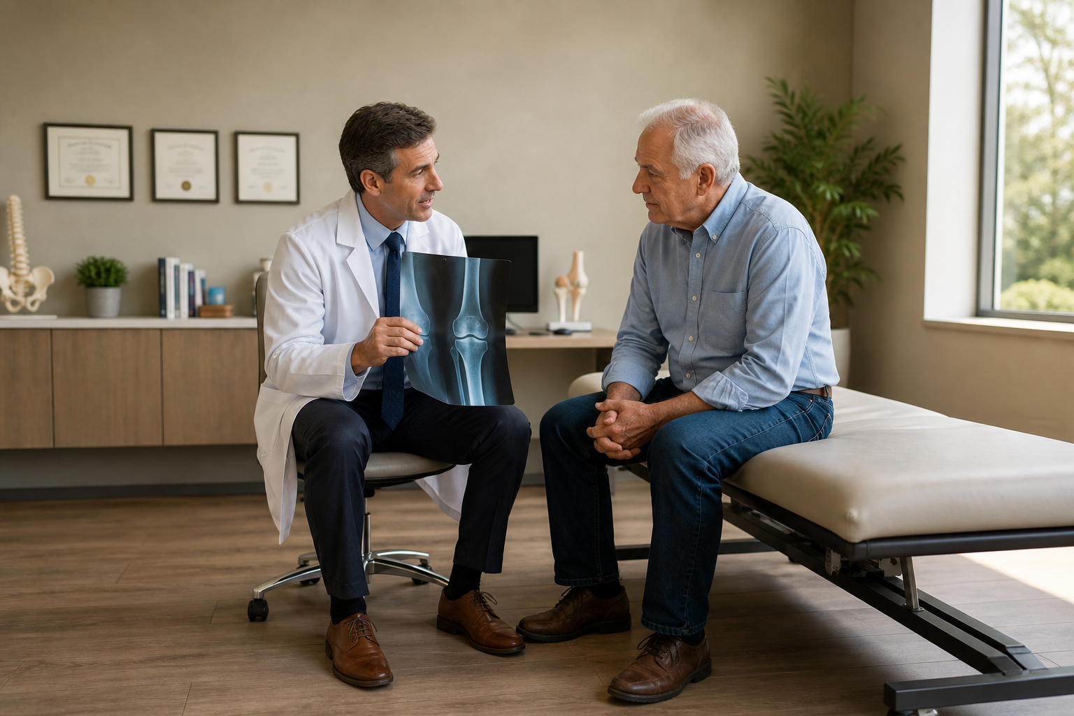 Doctor showing knee X-ray to older patient during a surgery consultation.