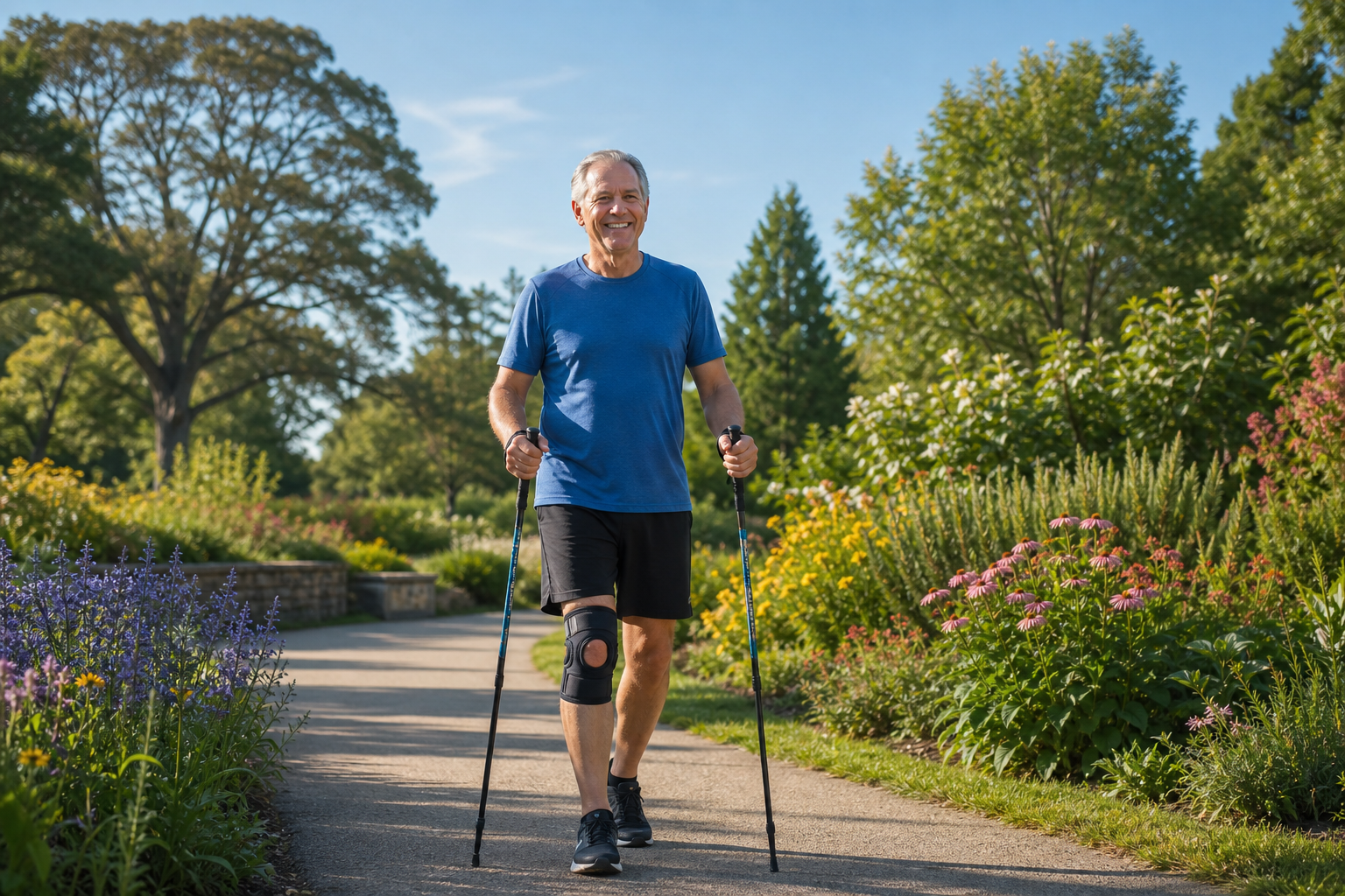 Older adult walking with trekking poles, post-knee surgery, enjoying outdoor recovery.