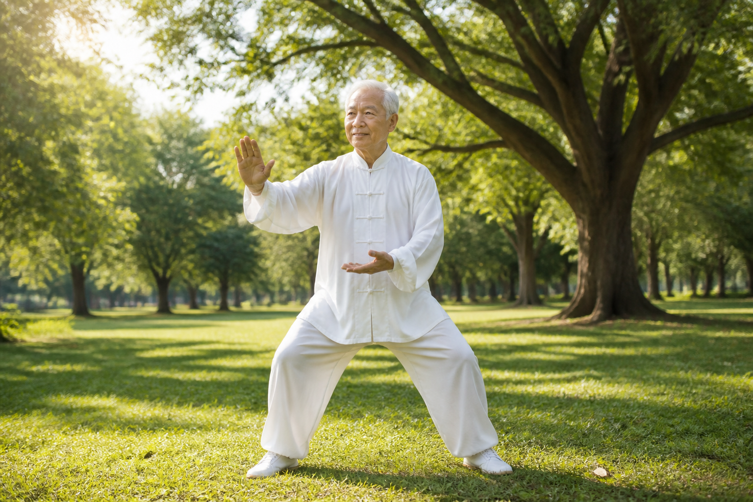 Older adult doing tai chi in a park, highlighting posture and relaxation.
