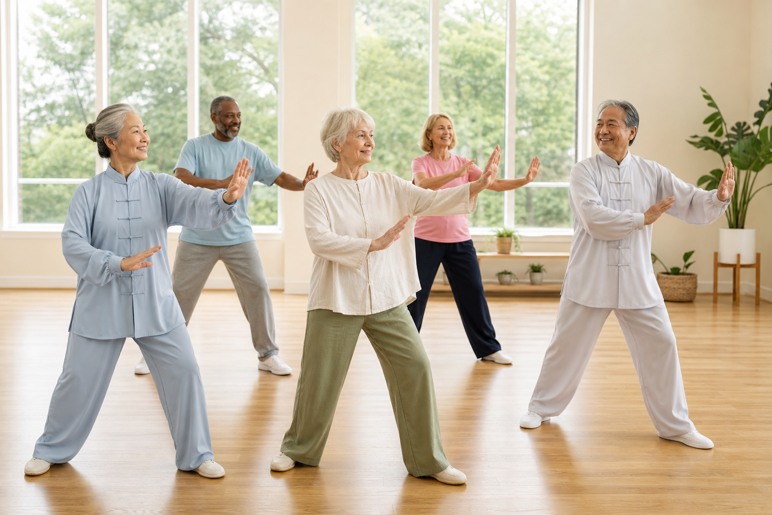Seniors in an indoor tai chi class, smiling and moving together.