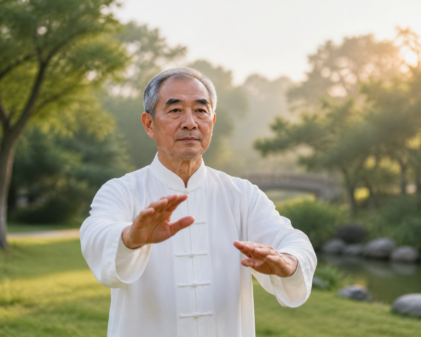 Senior hands in tai chi pose, soft outdoor lighting, and park setting.