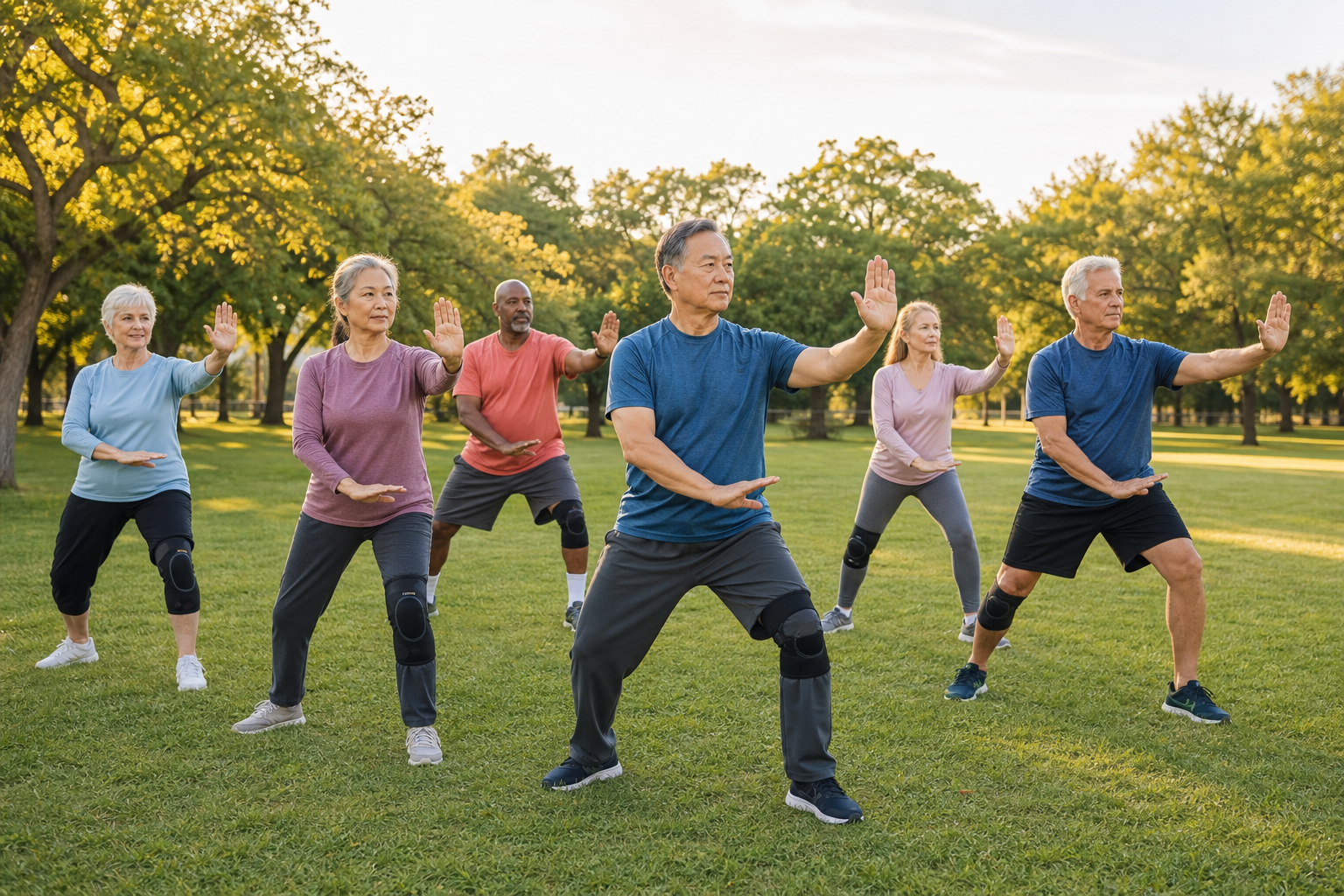 Seniors and adults practicing tai chi in a park for arthritis and balance
