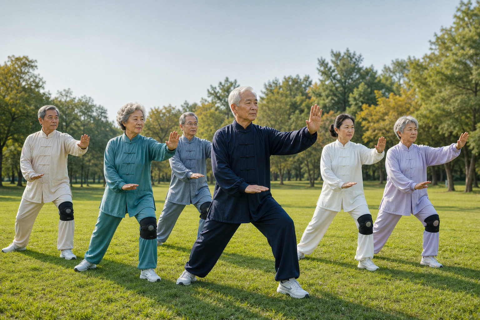 Tai chi class focusing on feet and knees for joint support and balance