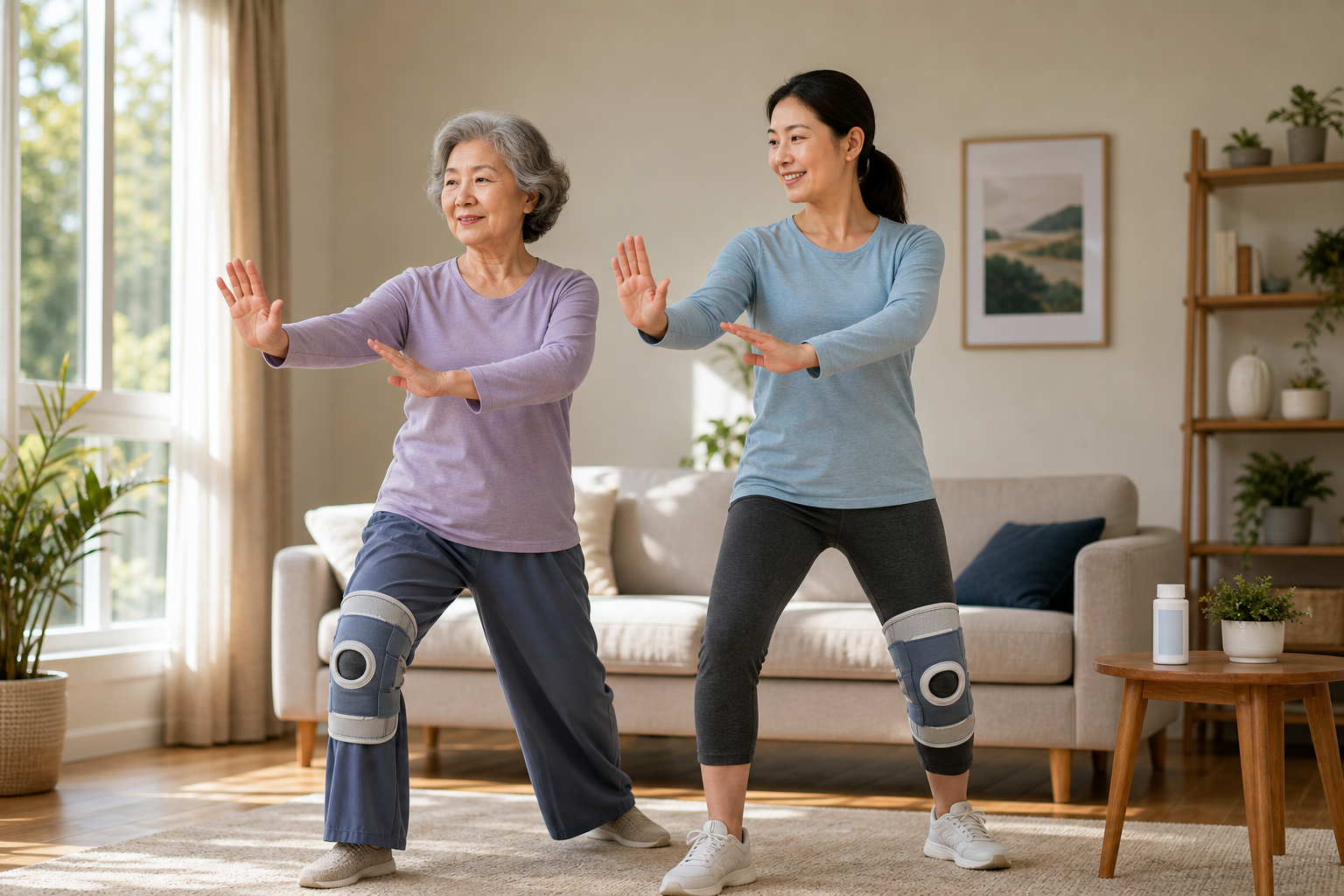 Mother and daughter doing tai chi at home with knee braces and arthritis gel