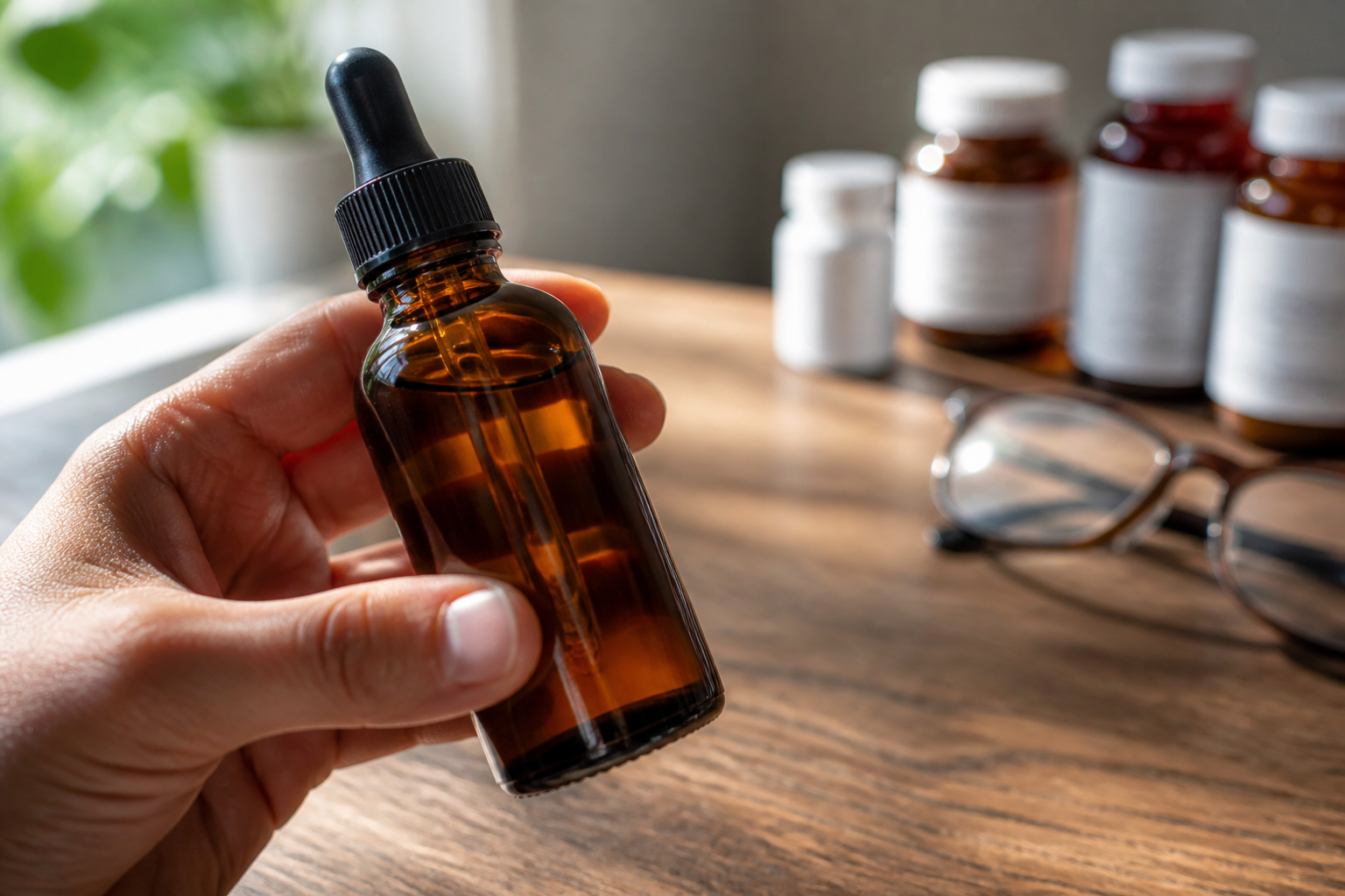 Hand holding CBD oil bottle with dropper, pill bottles and reading glasses in background