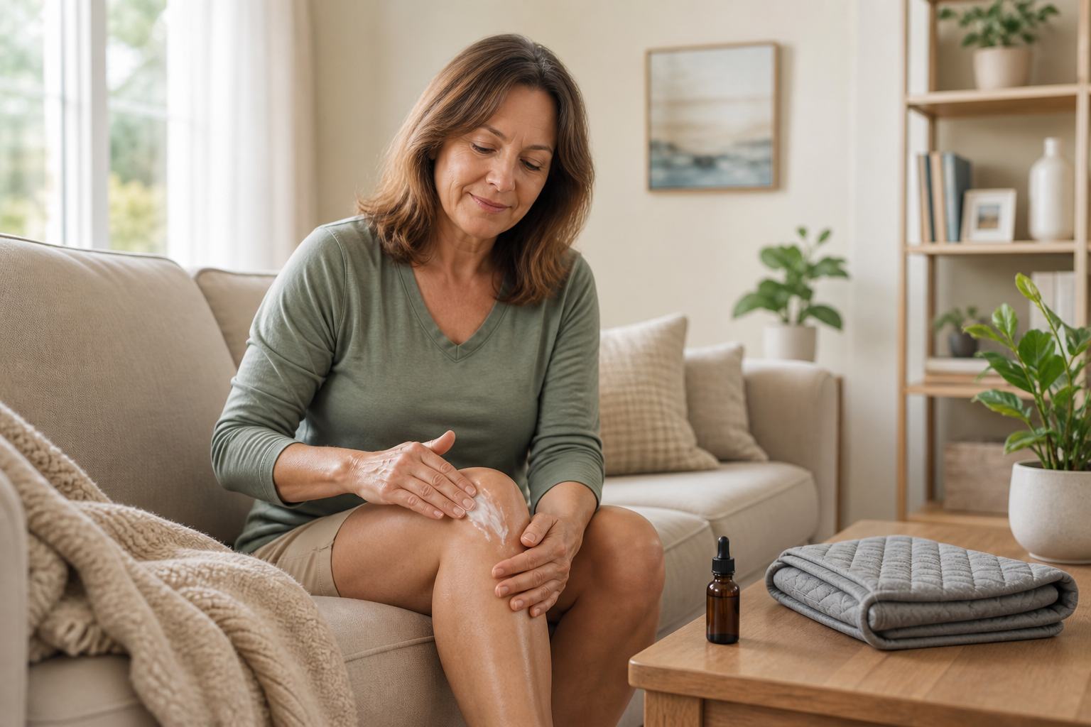 Woman applying CBD cream to knee with CBD oil bottle and heating pad on table