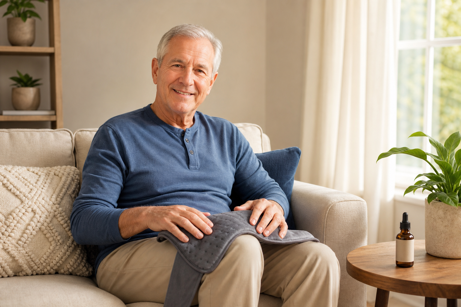 Older man using heating pad for knee pain with CBD oil bottle close by
