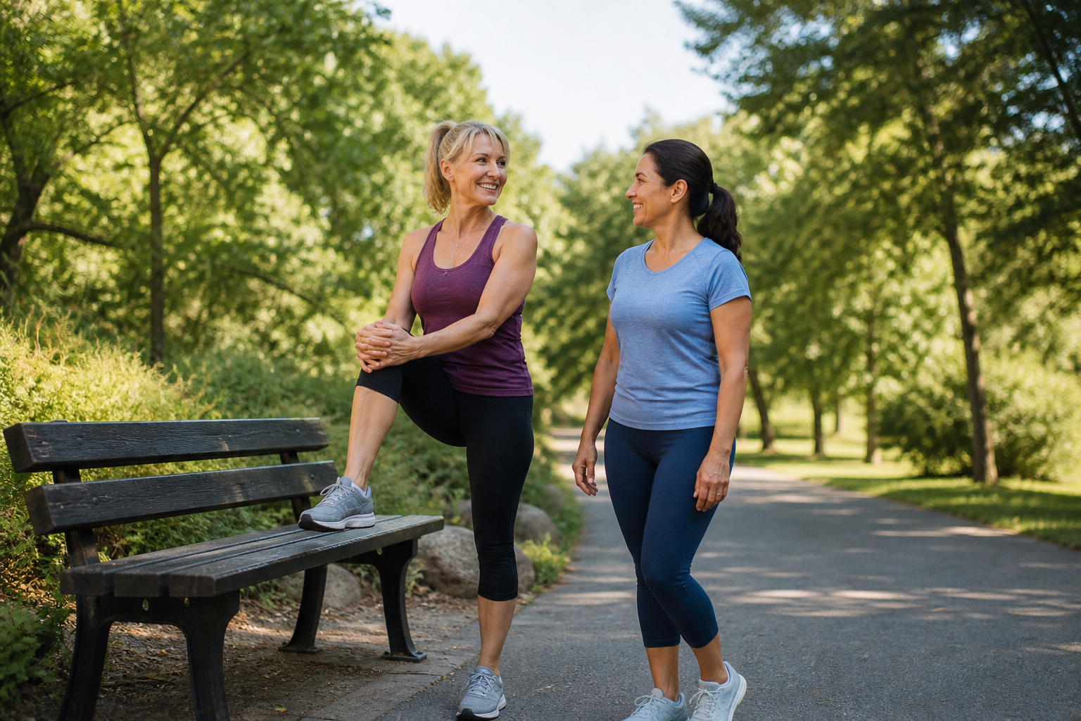 Woman with joint pain stretching knee outdoors with friend