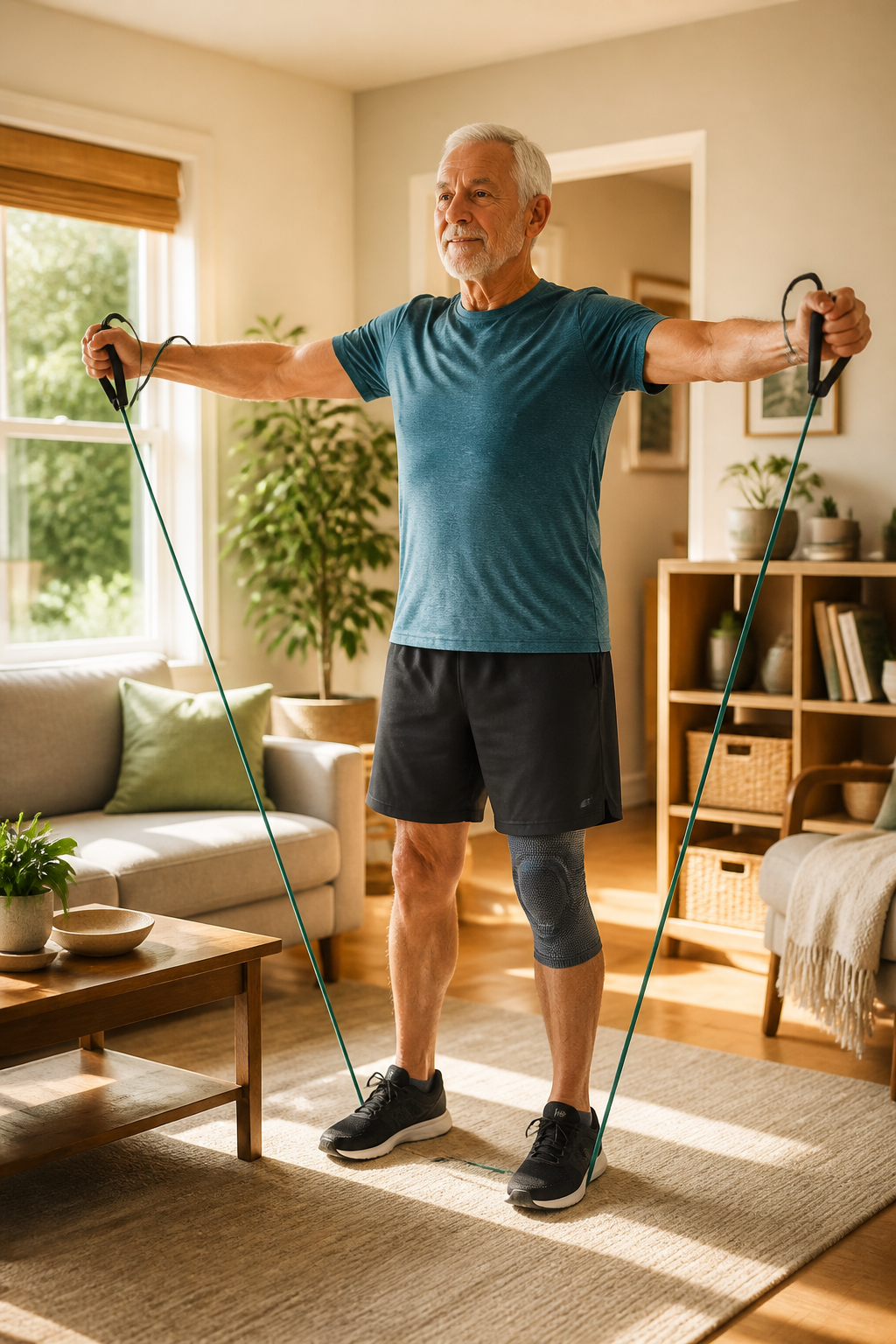 Man with joint pain doing resistance band exercises indoors