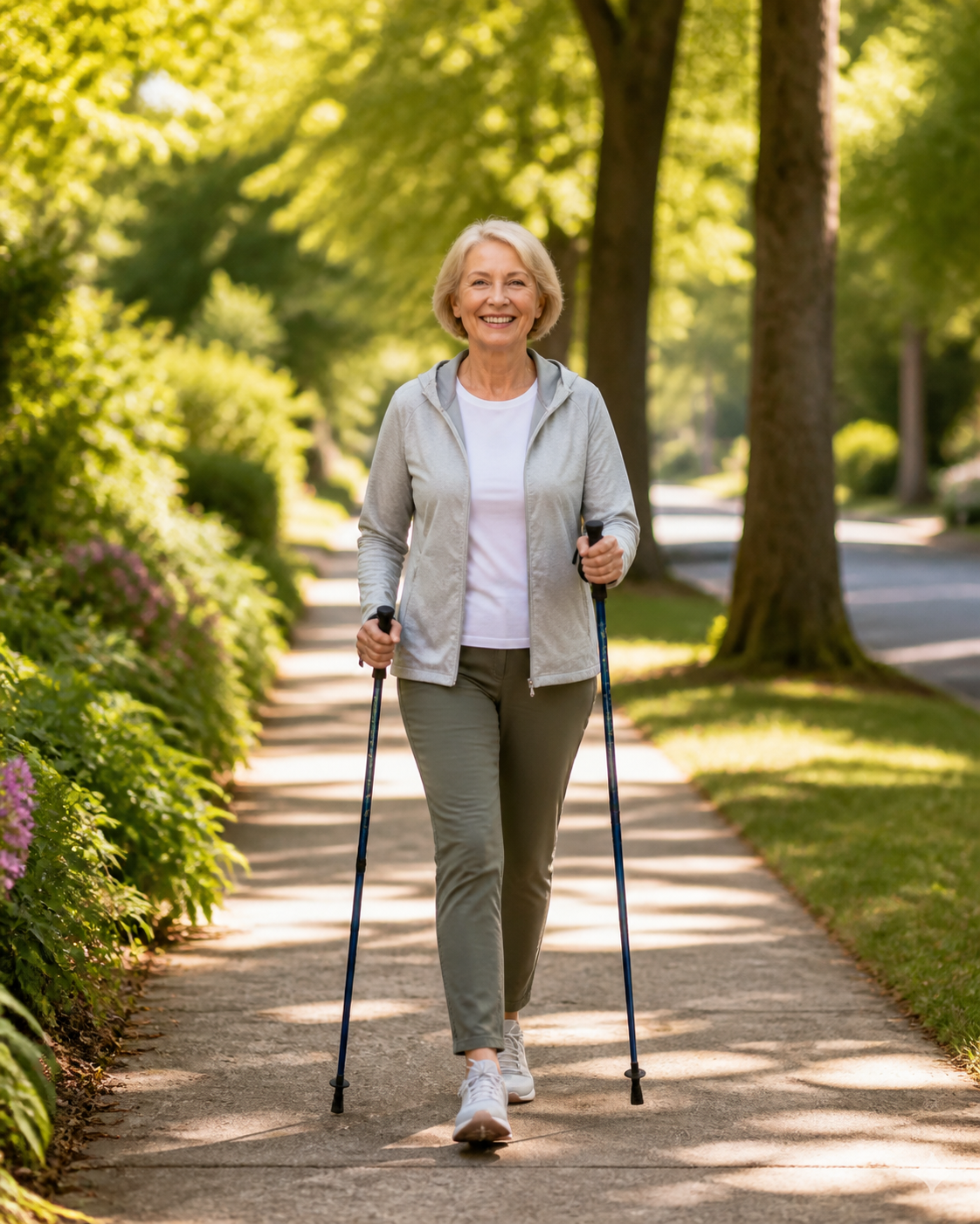 Older woman with joint pain walking with poles on neighborhood path