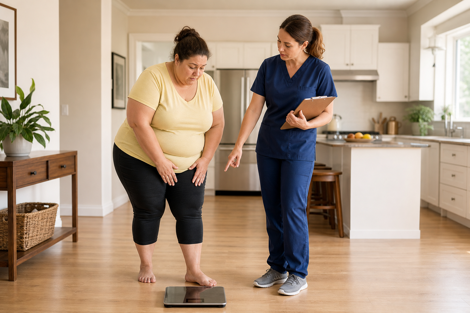 Nurse and woman discussing knee pain and scale in home kitchen