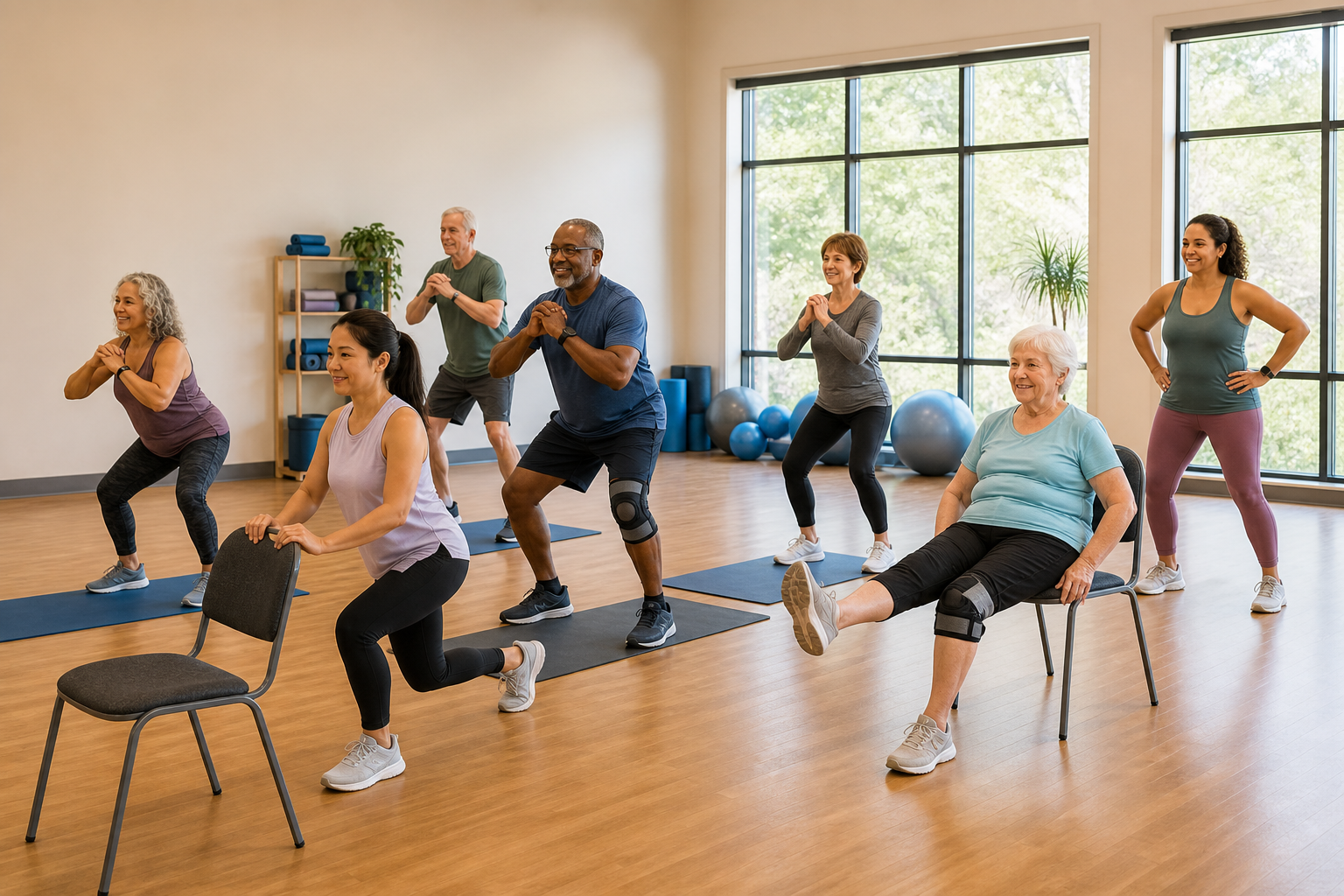 Diverse adults doing knee-friendly exercises in community center