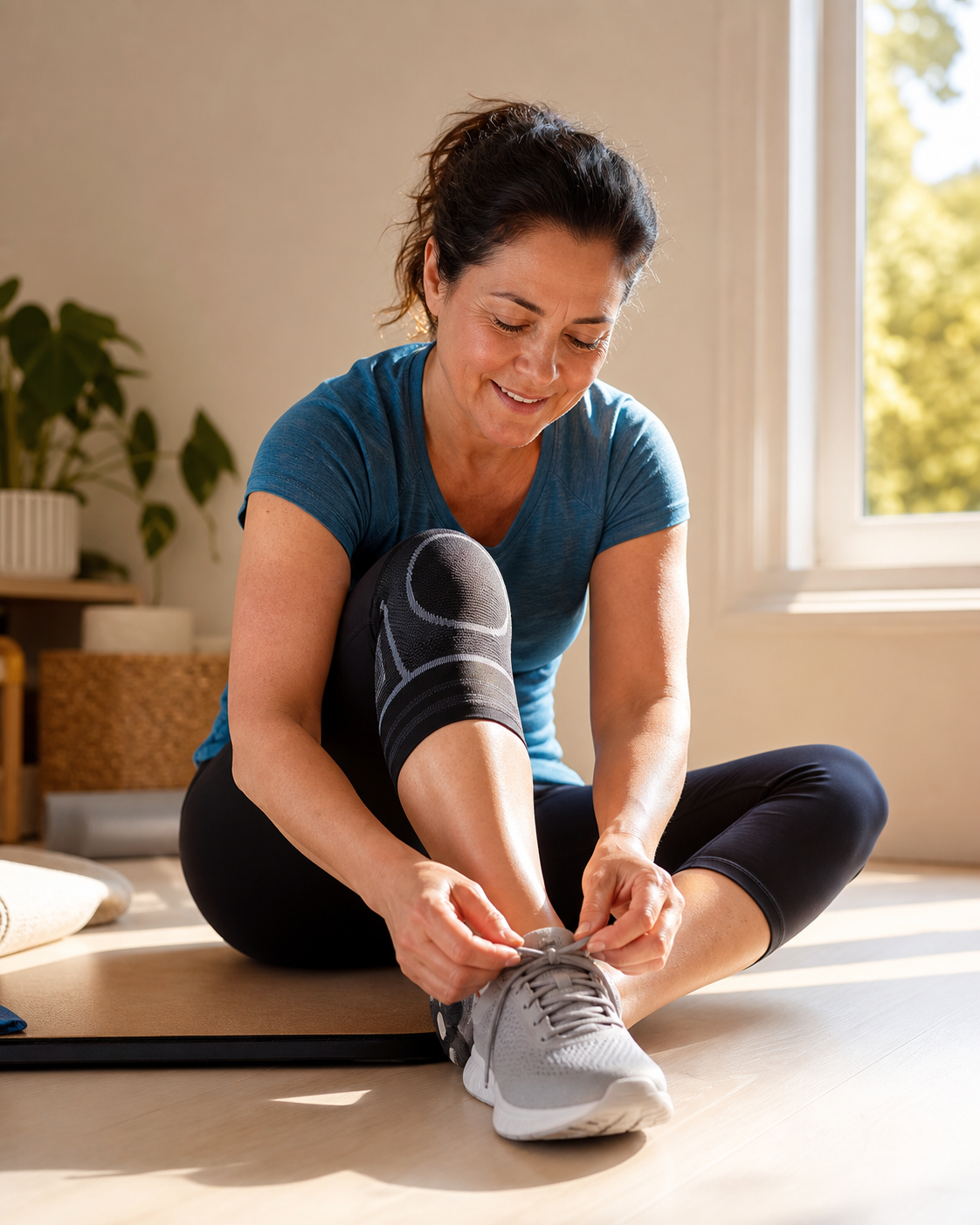 Person tying walking shoes wearing knee sleeve, sunlight through window
