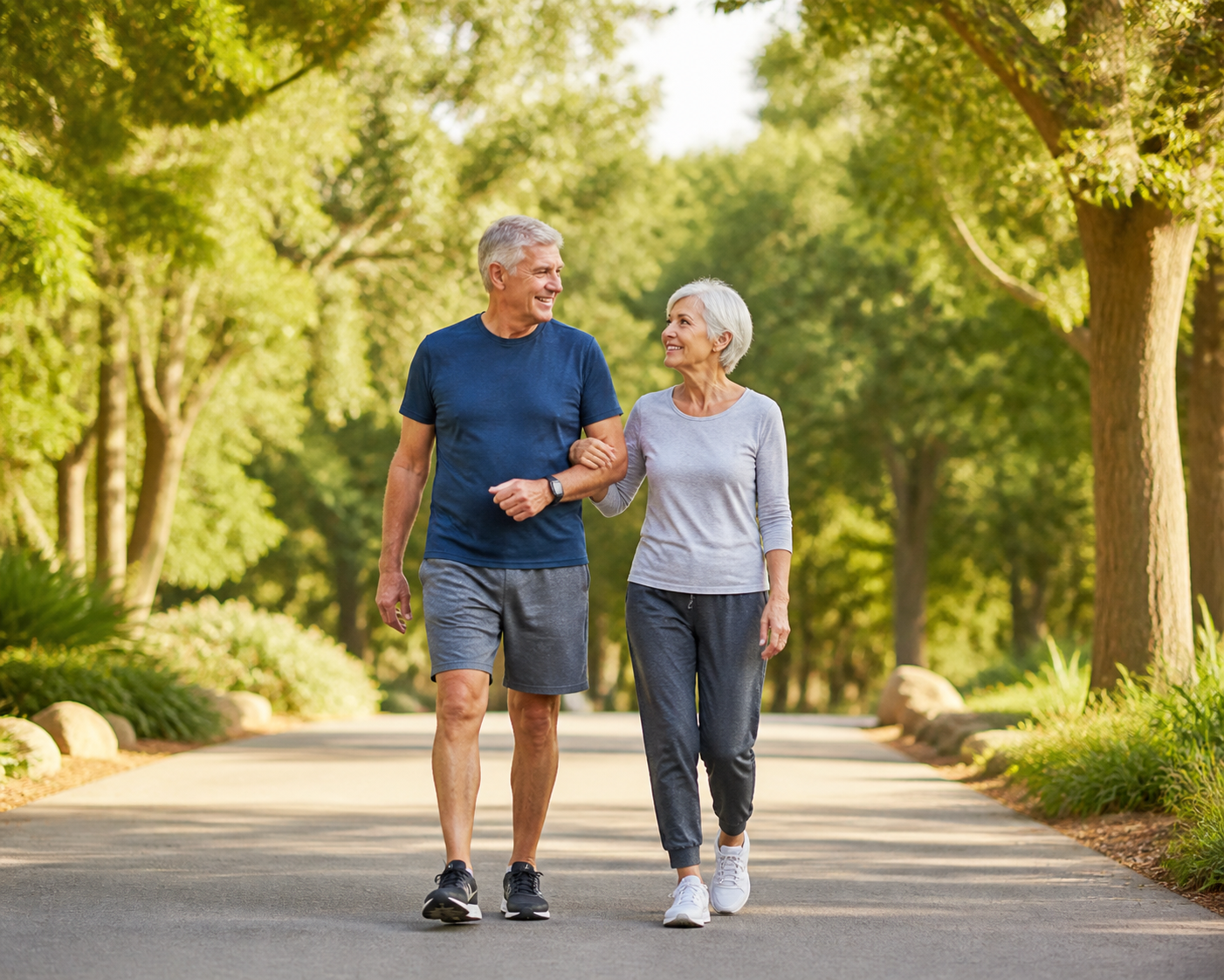 Senior couple enjoying a walk in the park for joint health