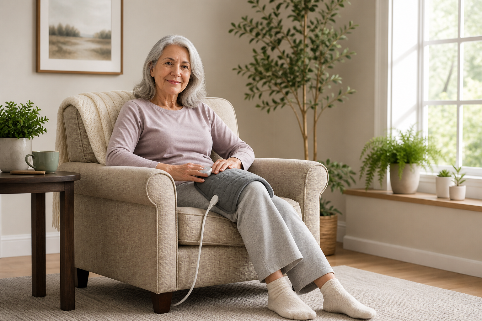 Senior woman using heating pad for joint pain relief after walking