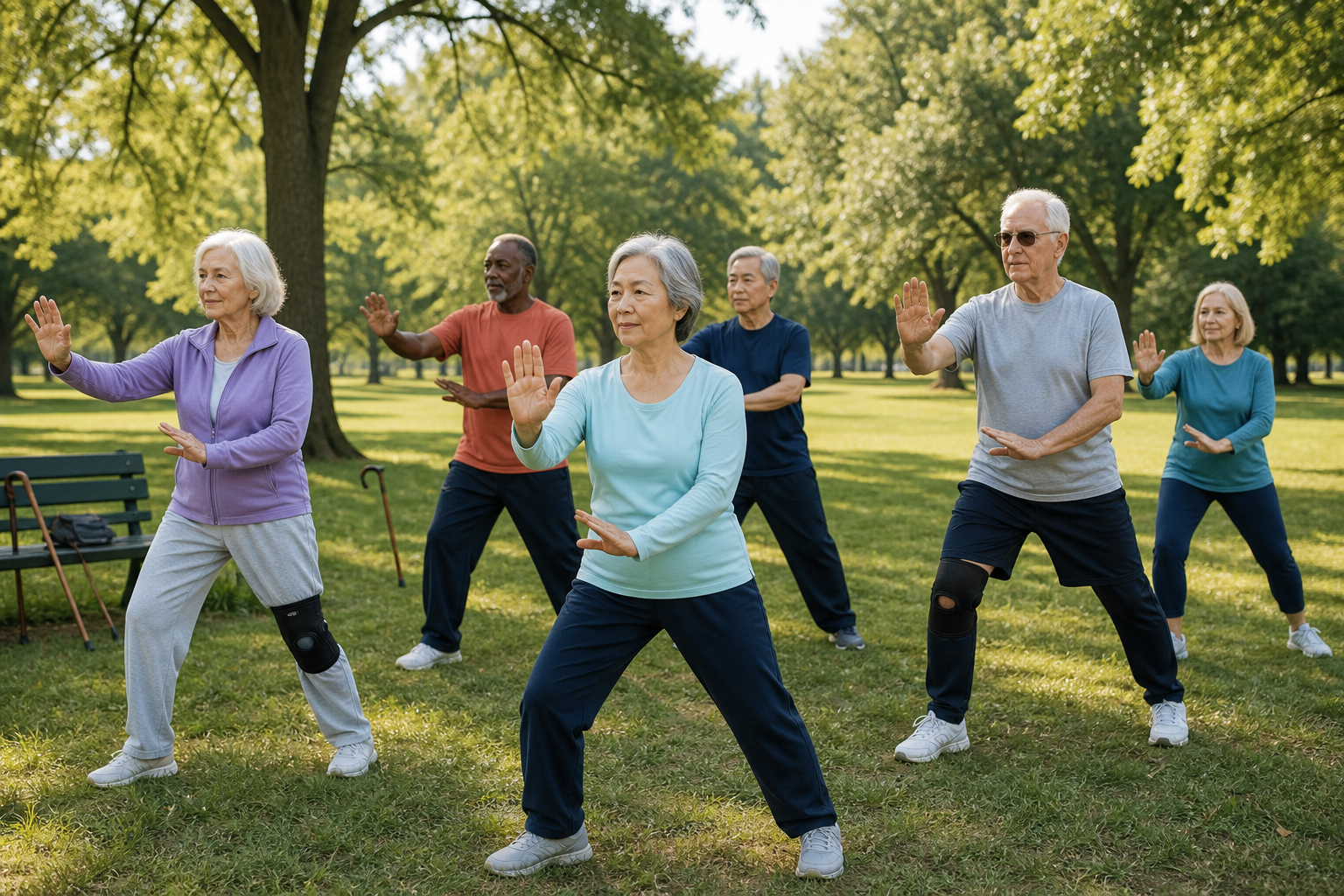 Seniors practicing tai chi in park for arthritis and balance