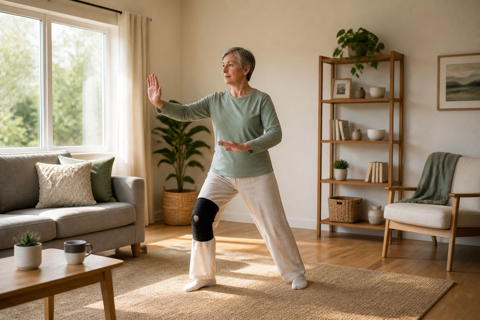 Home tai chi practice for arthritis and balance with knee support