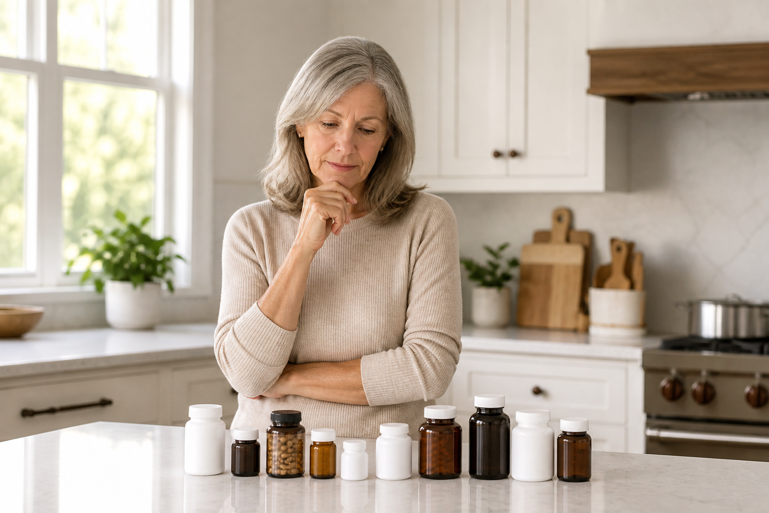 Older woman examining supplement bottles for joint health in kitchen