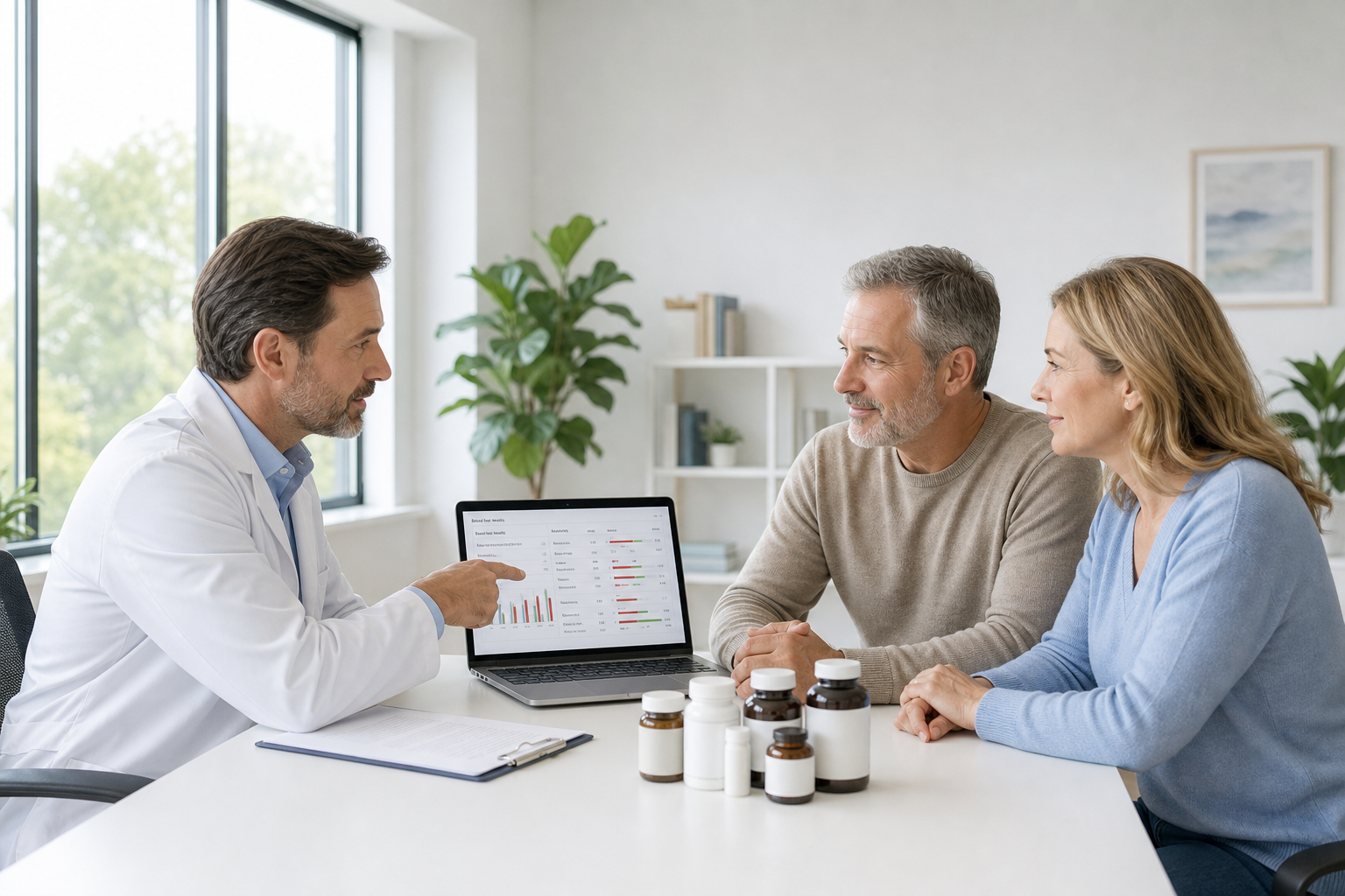 Doctor discussing joint health supplements with patients in clinic