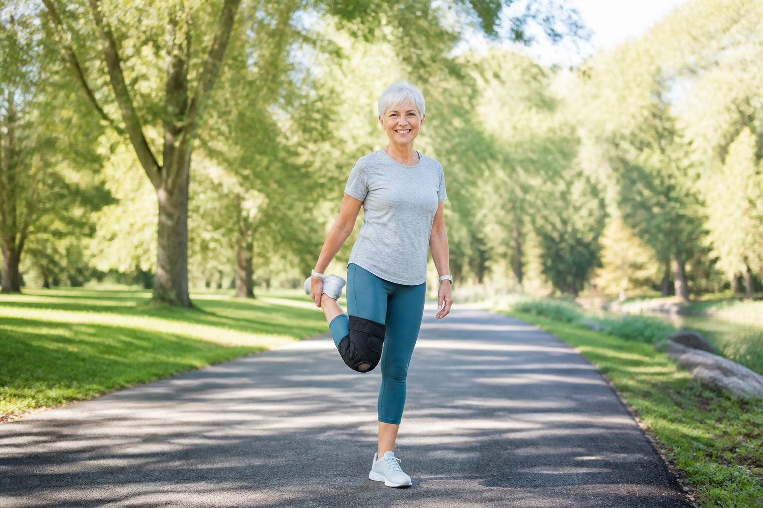 Senior woman smiling while stretching outdoors, wearing knee brace