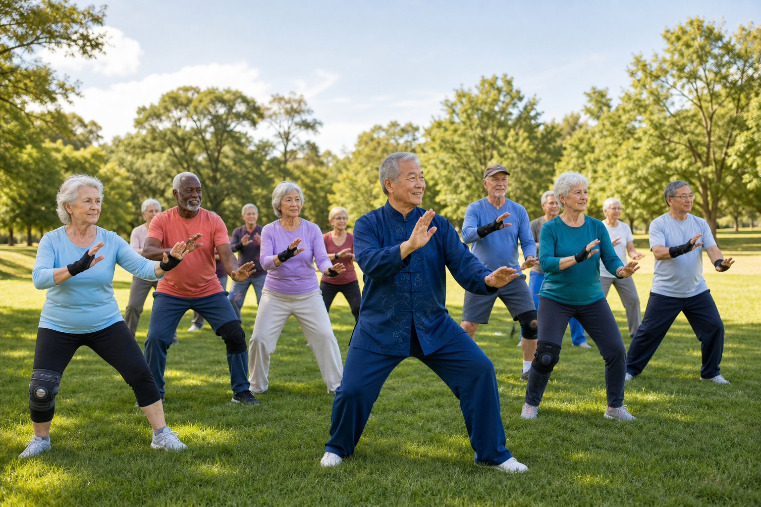 Older adults with arthritis doing gentle tai chi together outdoors
