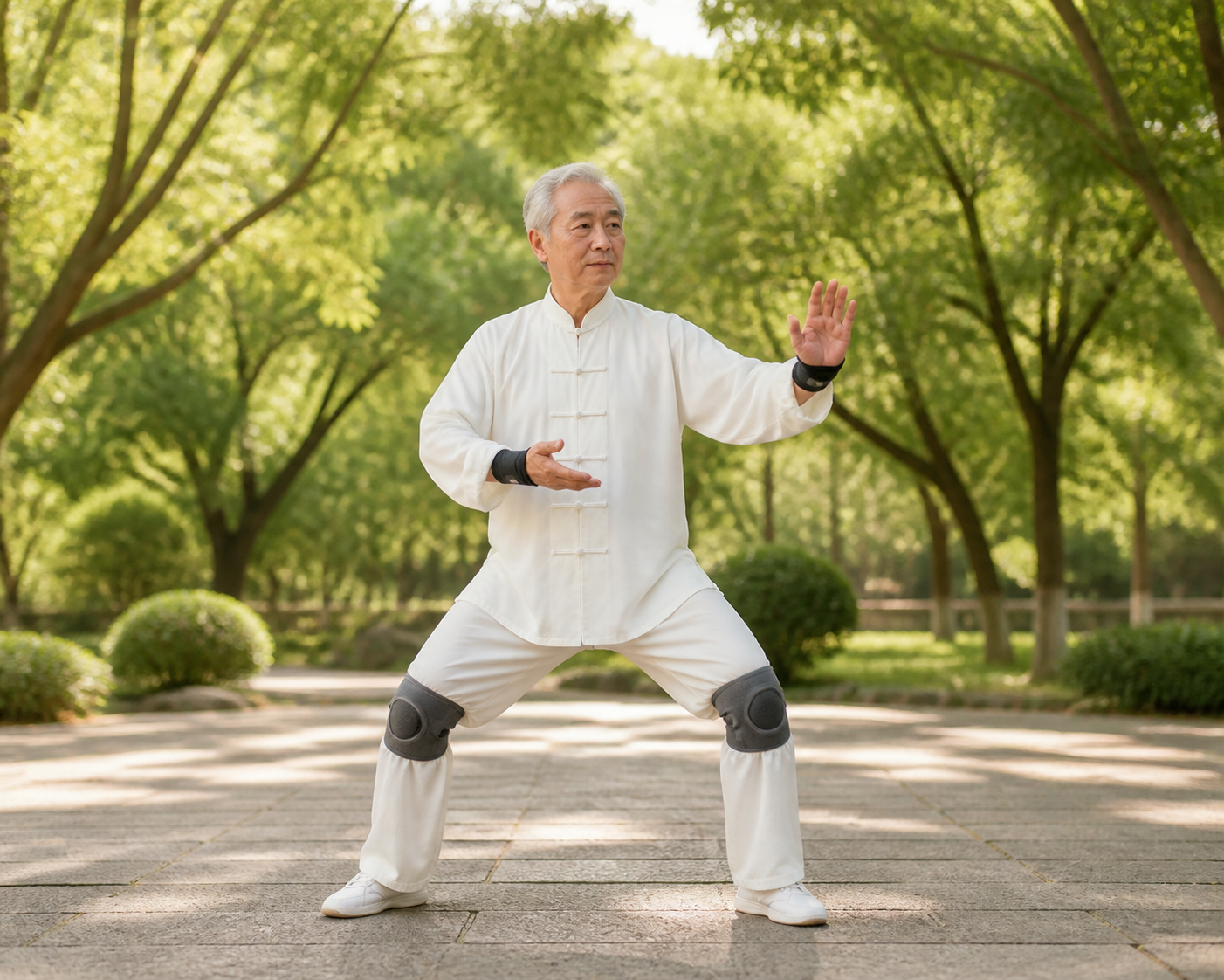 Elderly hands and knees with arthritis supports practicing tai chi outside