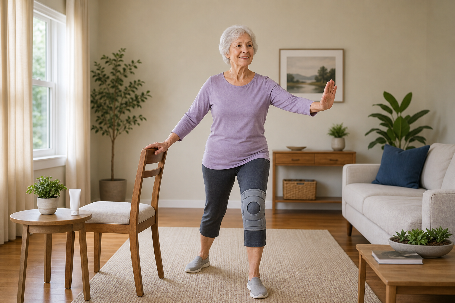 Woman with knee brace practicing tai chi indoors with pain relief gel visible