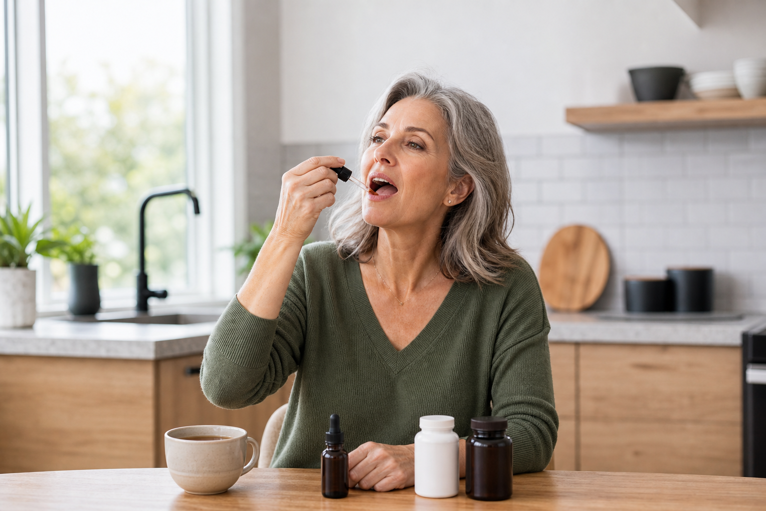 Woman applying CBD oil under tongue at kitchen table