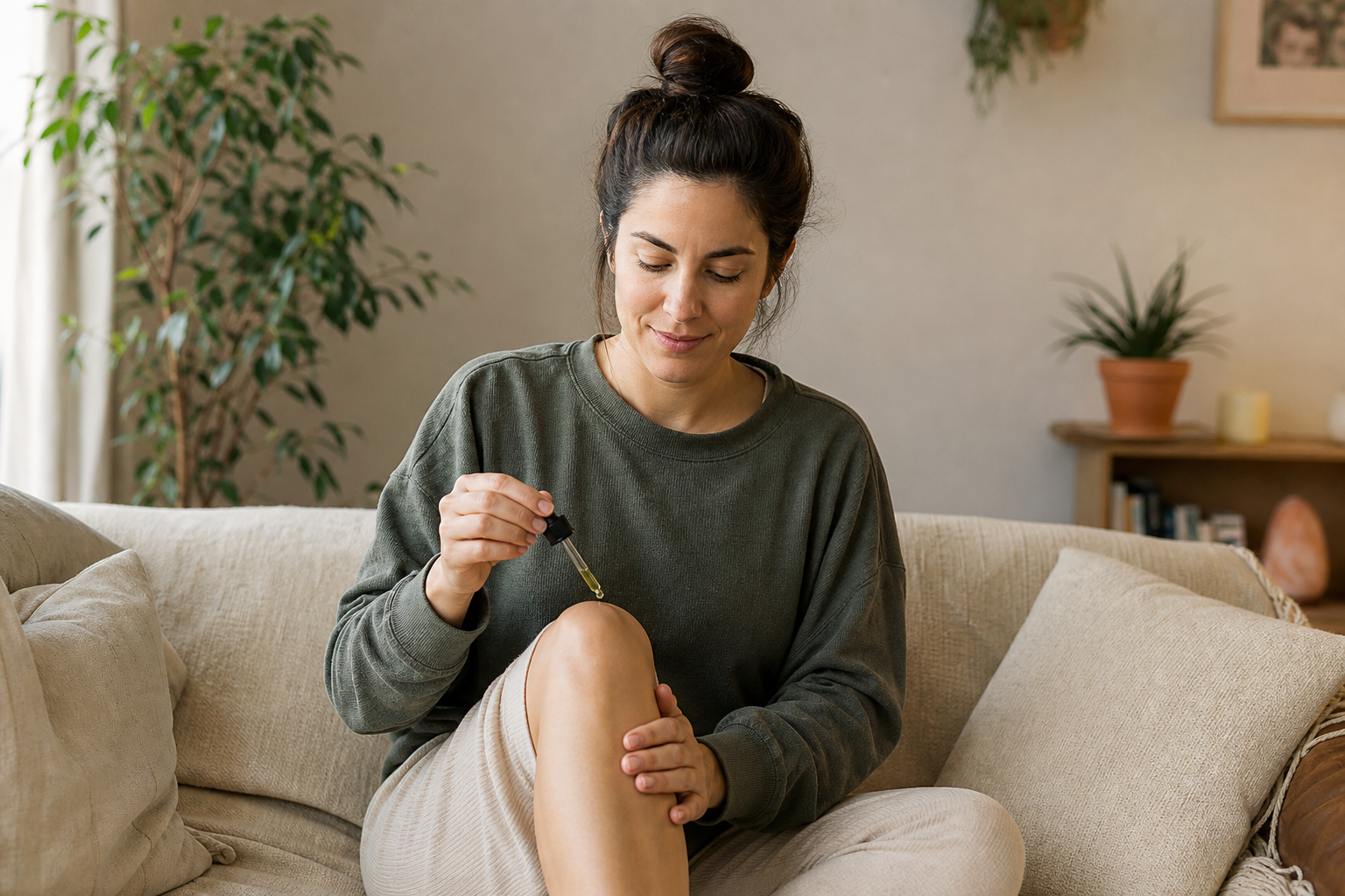 Hand holding CBD oil dropper over knee in home for joint pain