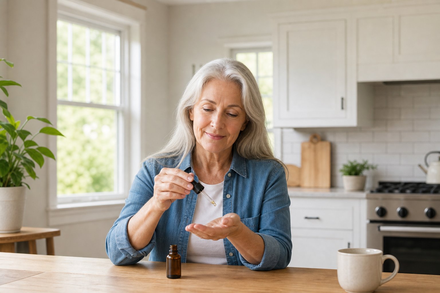 Older adult using CBD oil on hands for arthritis relief in kitchen