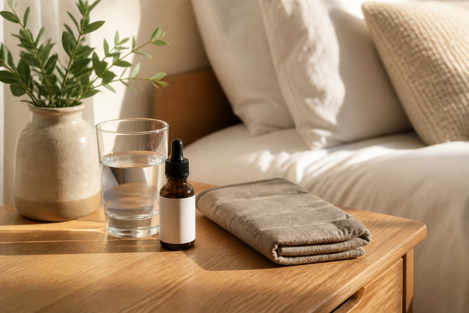 Nightstand with CBD oil, water glass, and heating pad for joint care