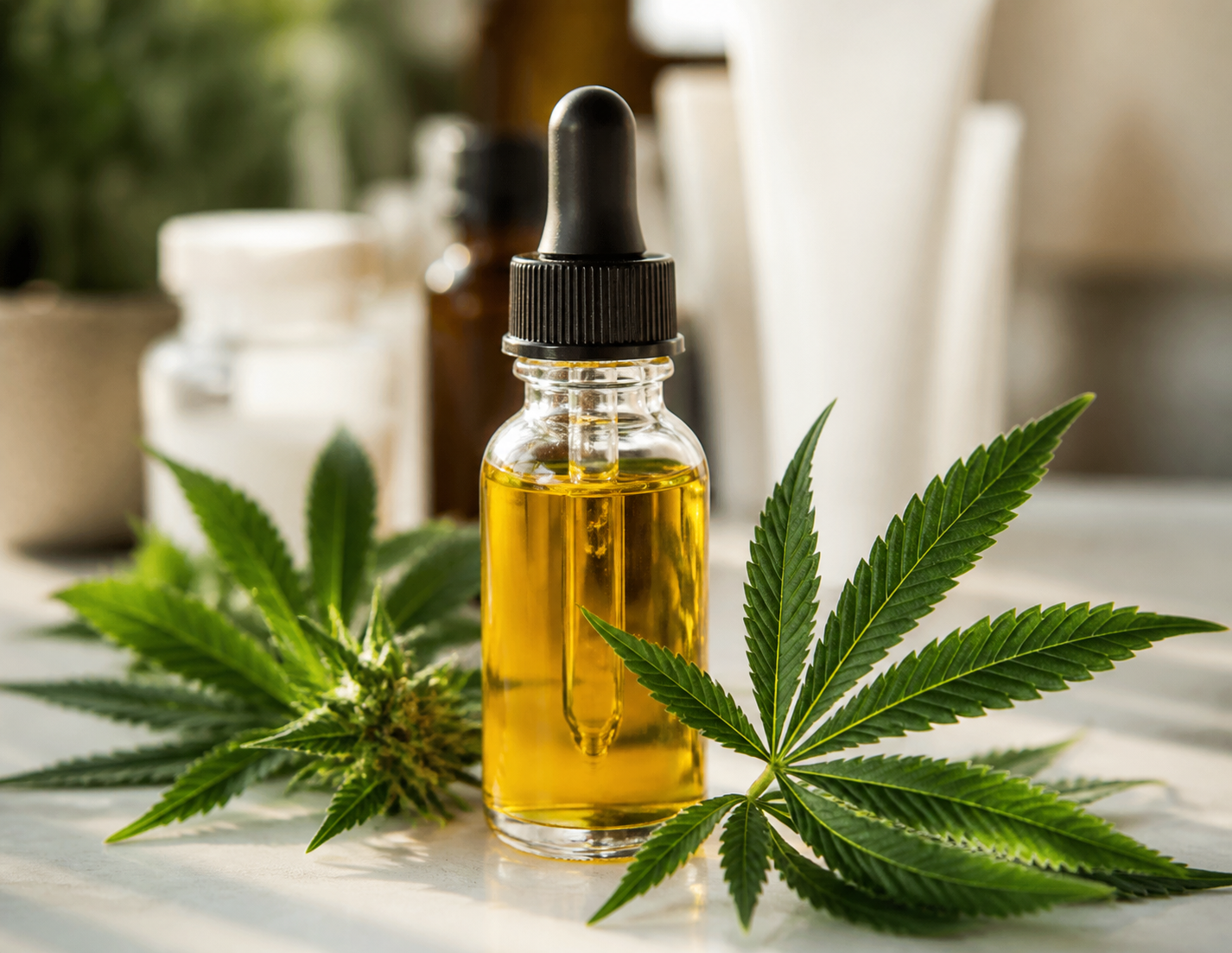 CBD oil bottle with hemp leaves and supplements for joint pain and inflammation.