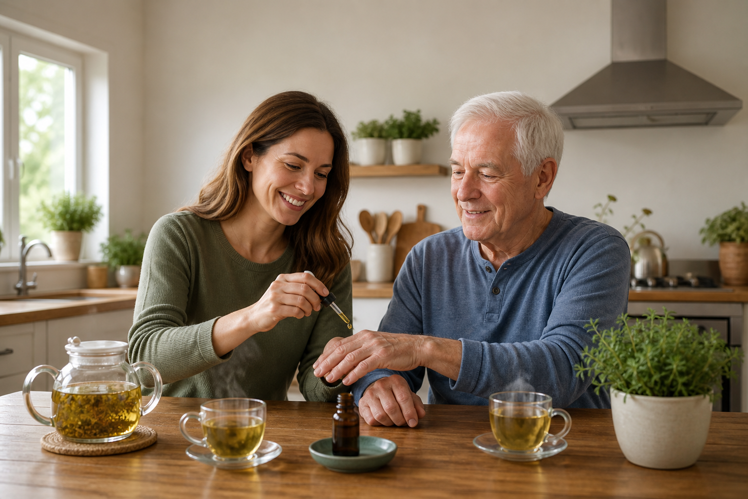 Elderly man and daughter using CBD oil for arthritis in a home setting.