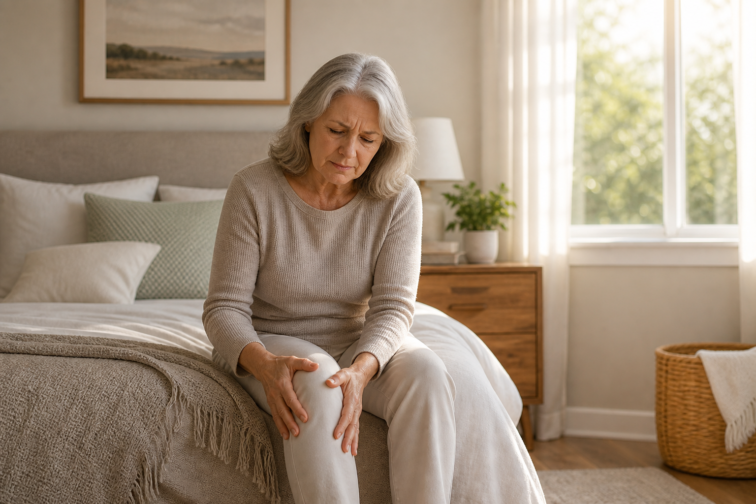 Woman over 60 with stiff knees sitting on bed, morning joint pain visible.