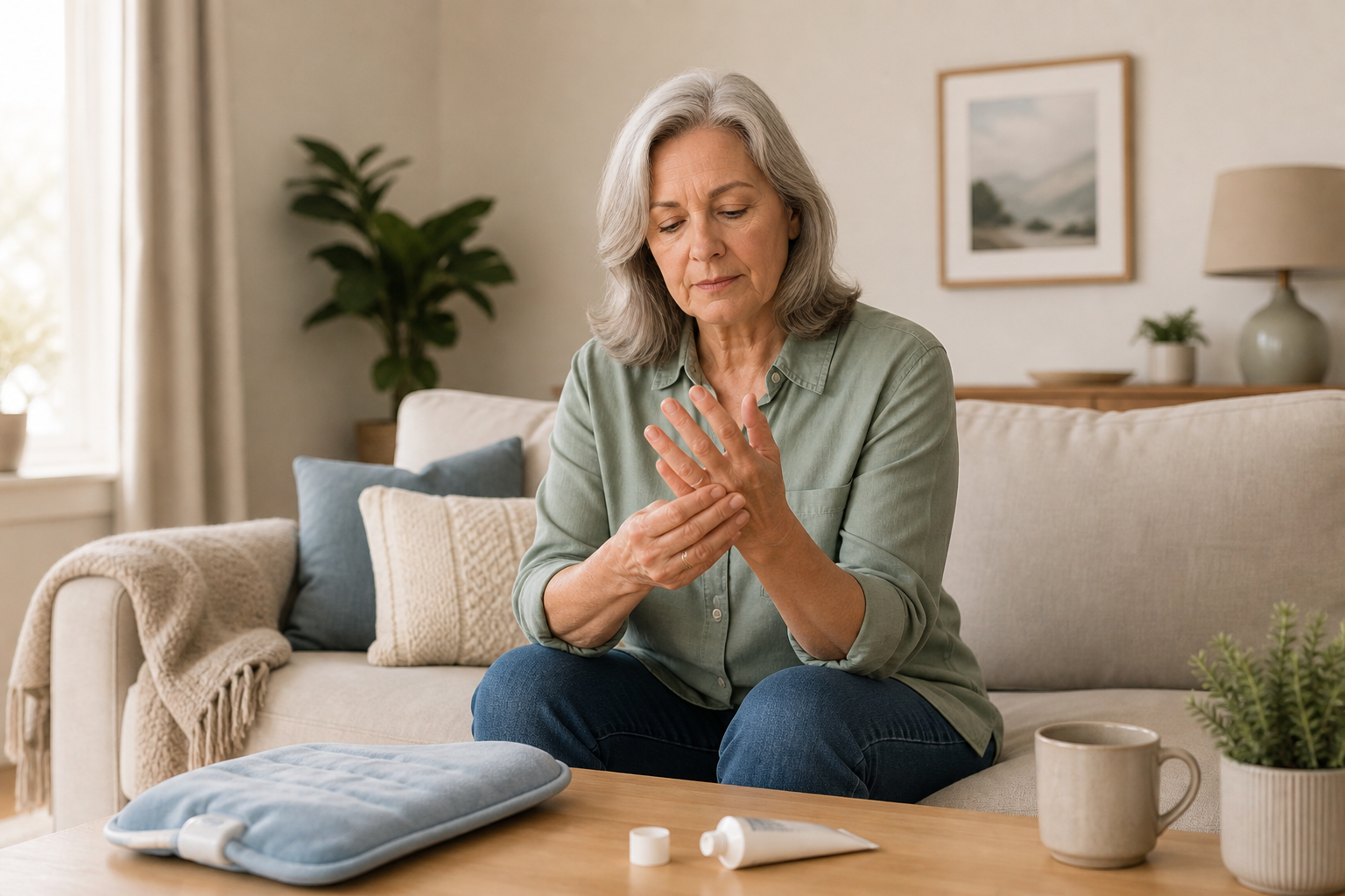 Close-up of mature woman massaging fingers, heating pad and pain cream on table.