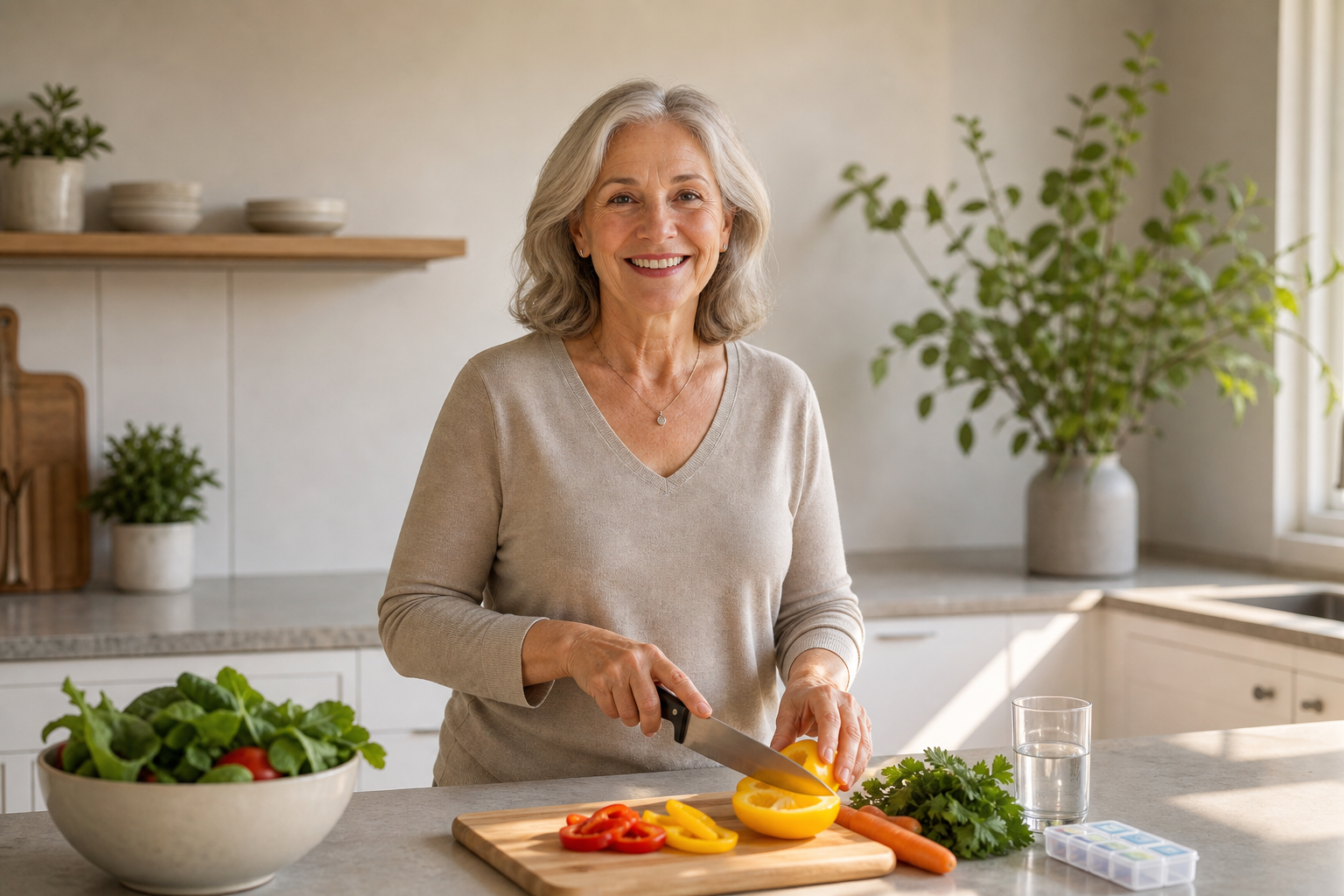 Woman in her 60s preparing vegetables, pill organizer and water on counter.