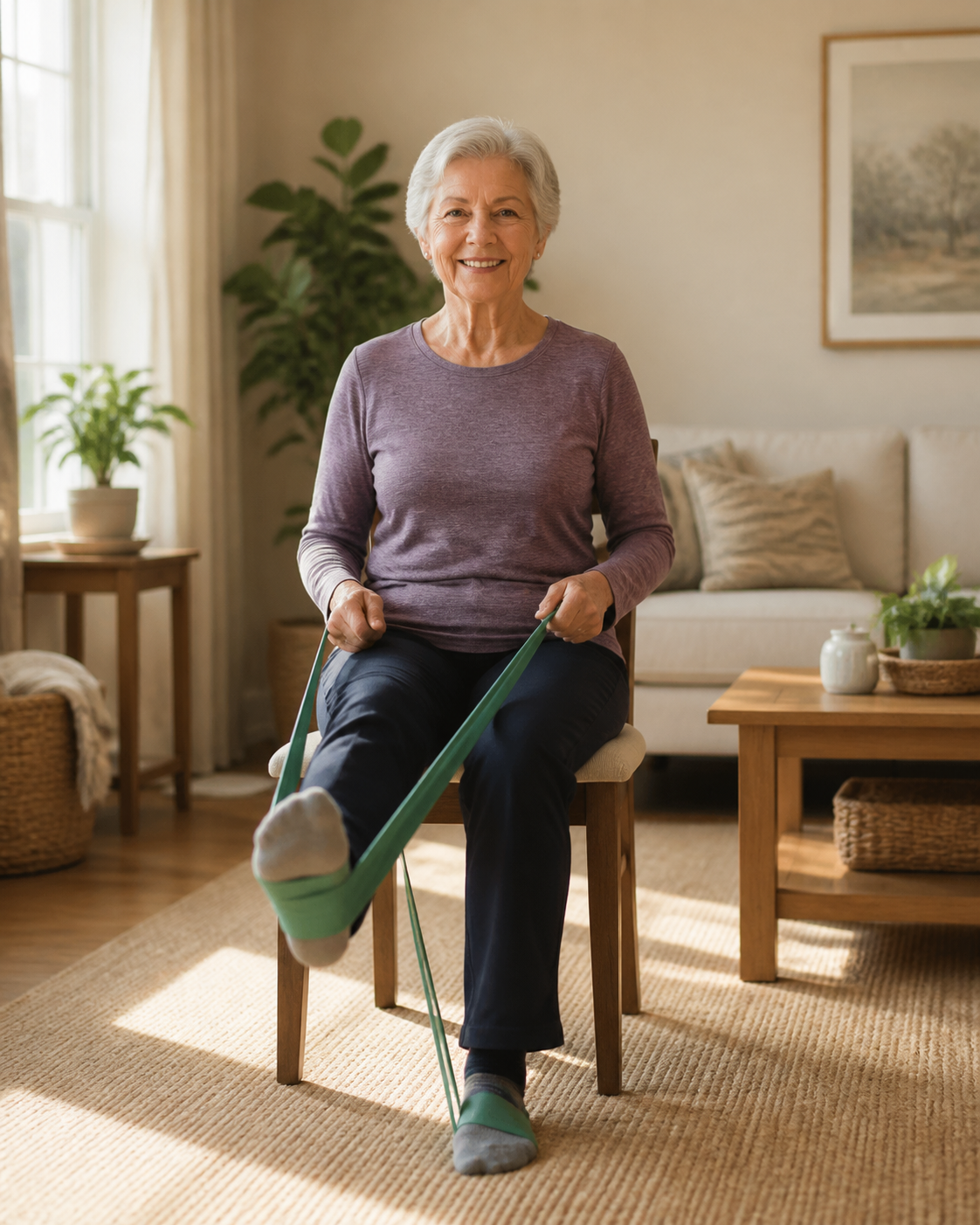 Senior using resistance band for knee exercises in sunlit living room