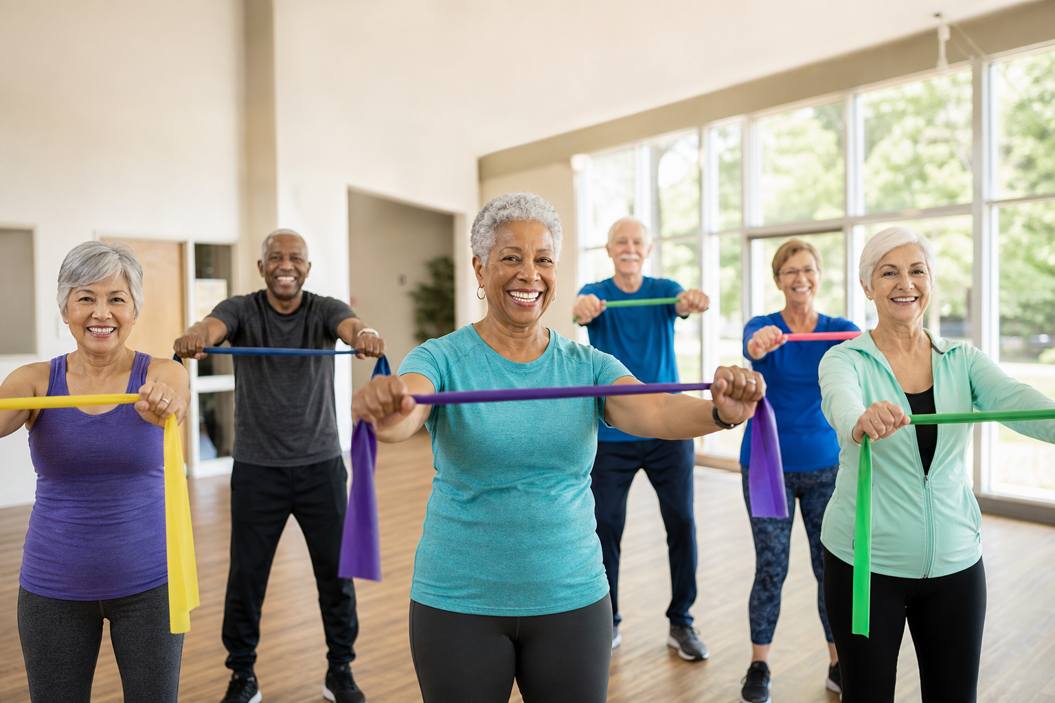 Older adults doing group resistance band exercises for knee arthritis