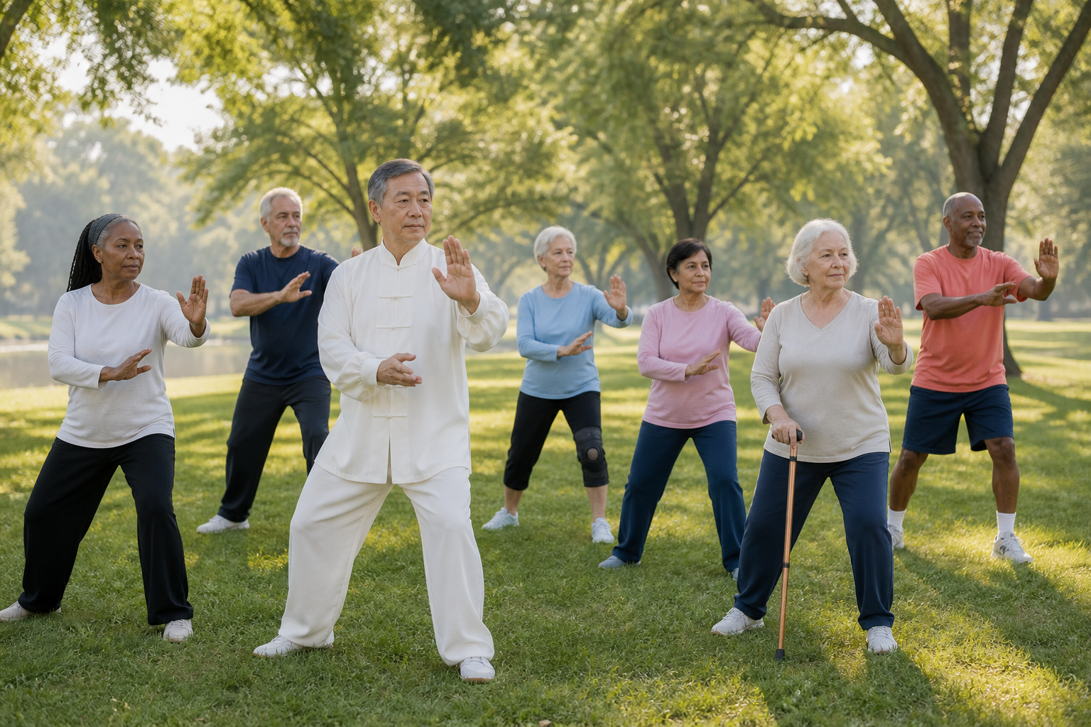 Older adults with knee braces doing tai chi in the park.