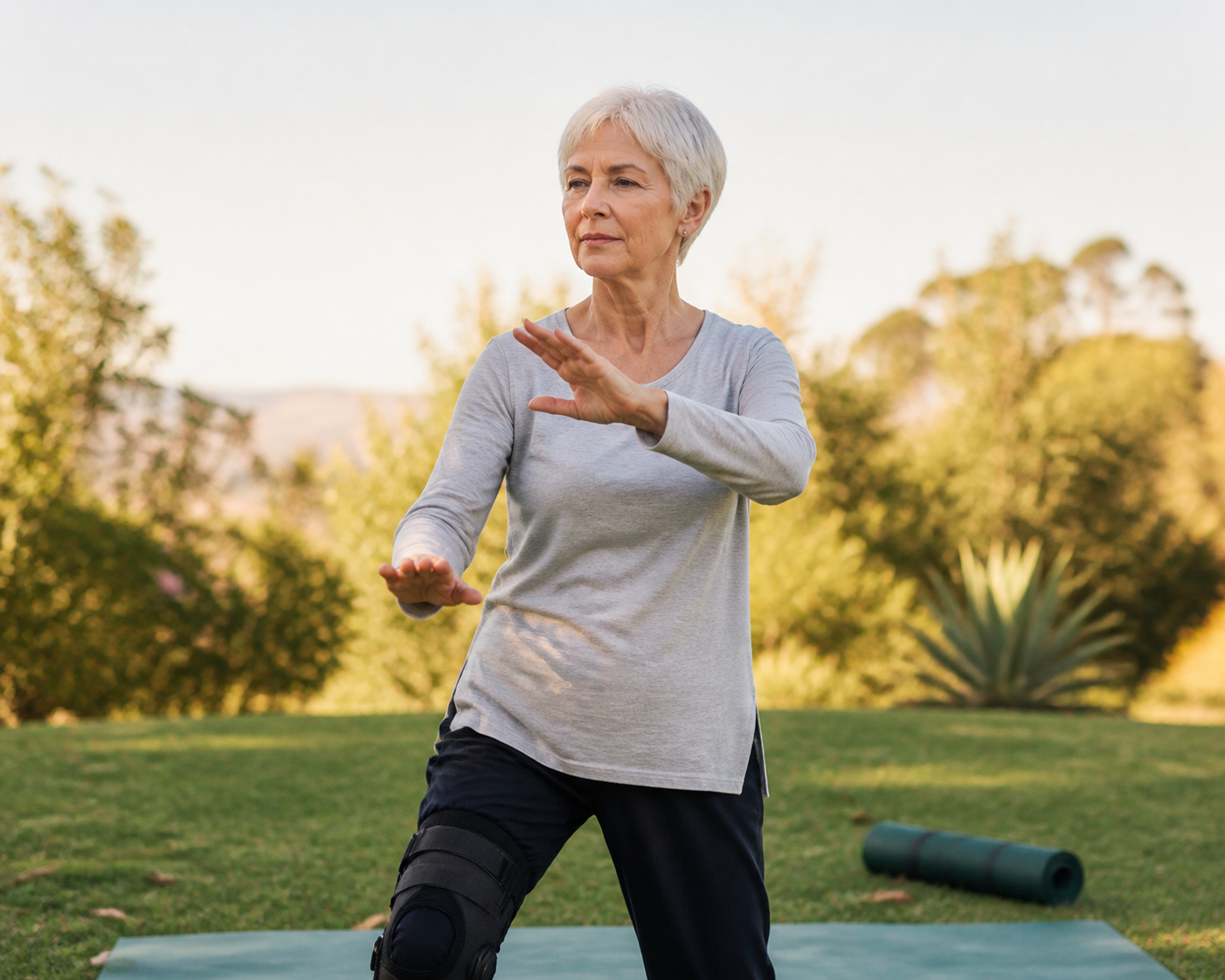Arthritic hands performing tai chi with knee brace in background.
