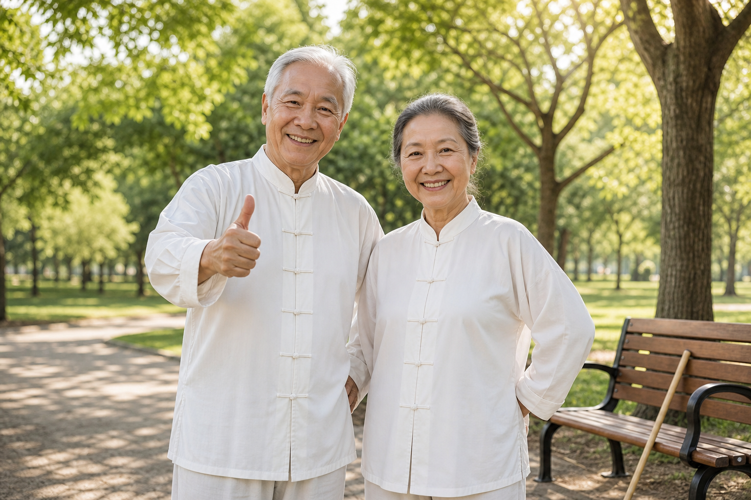 Seniors smiling after tai chi practice with walking stick and park bench.
