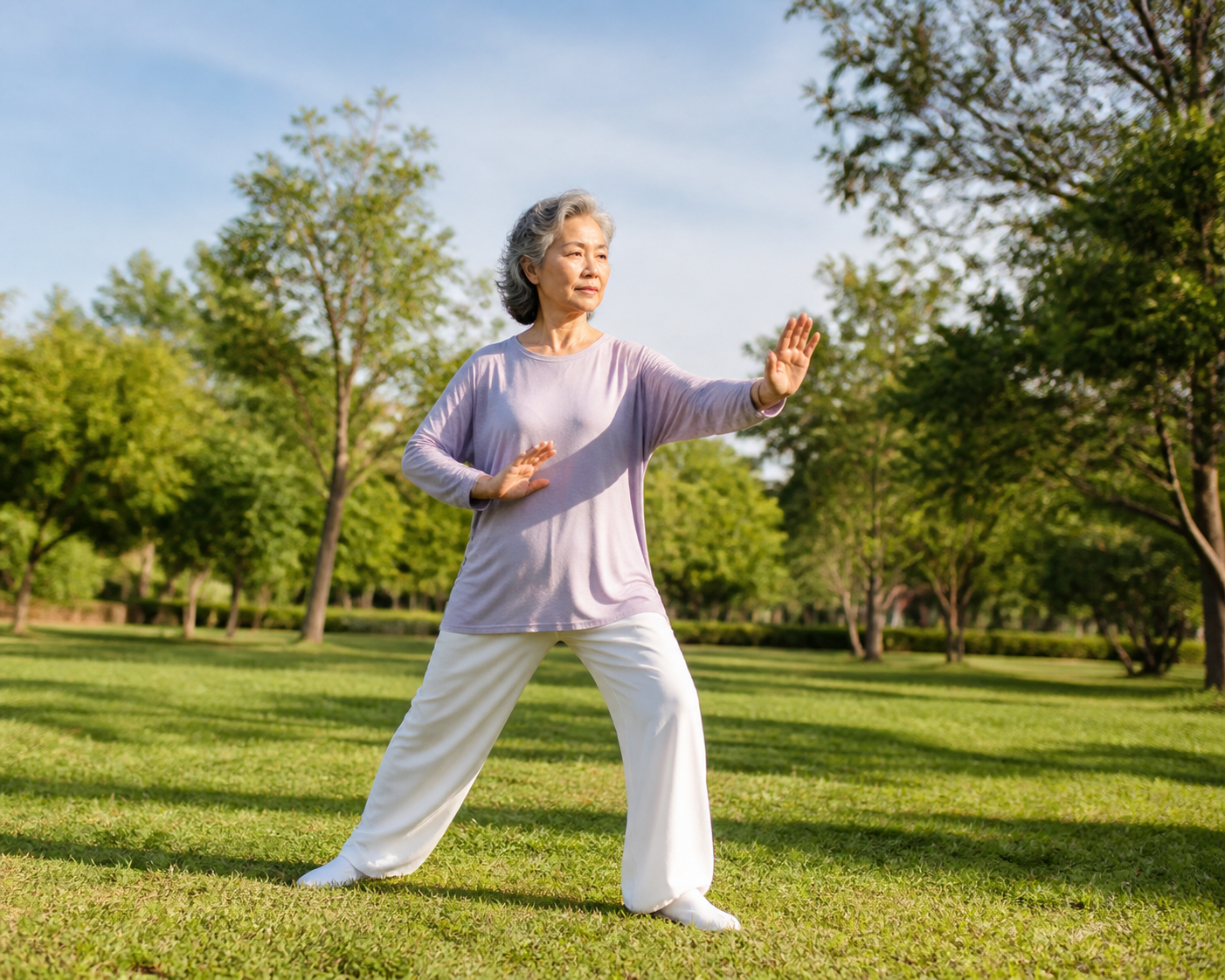 Senior woman practicing tai chi outdoors for arthritis and balance