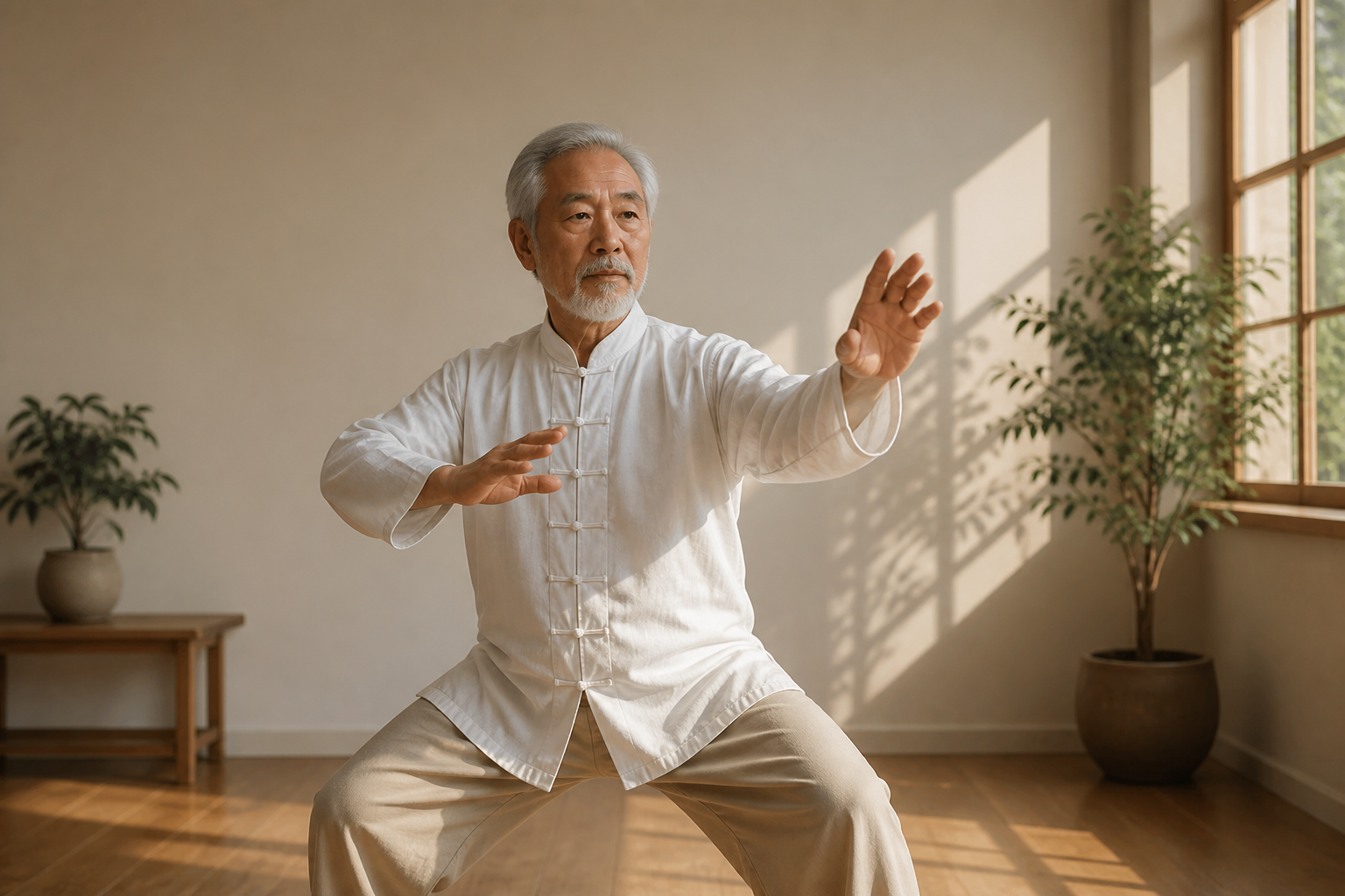 Close-up of senior's arthritic hands and knees during indoor tai chi practice