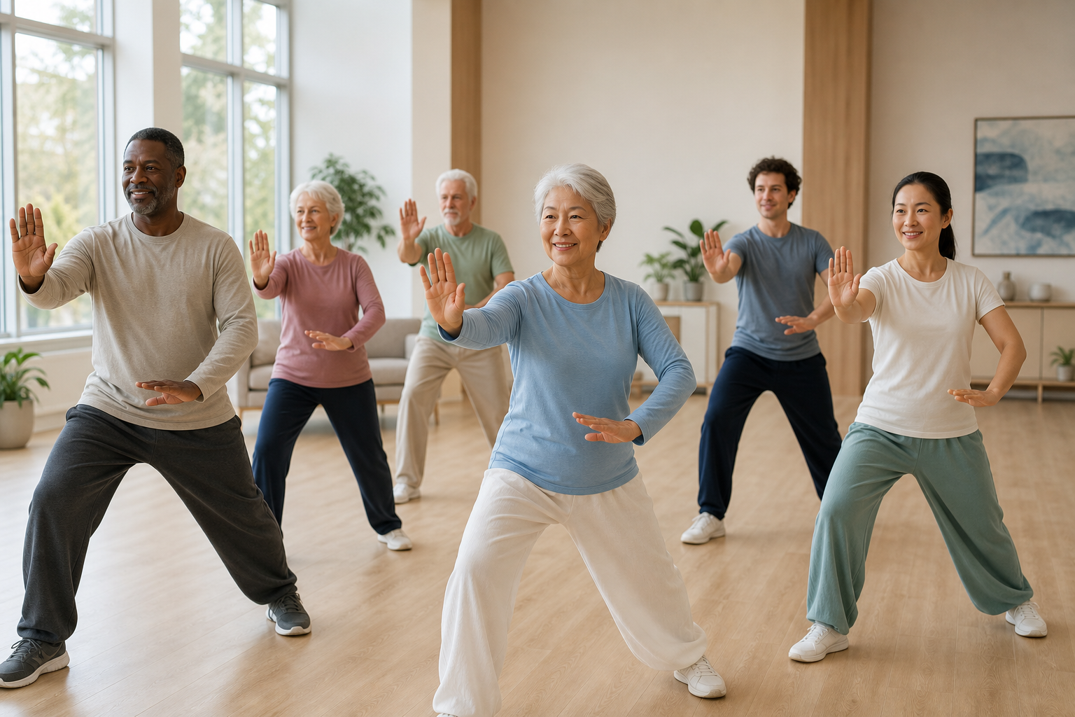 Diverse community tai chi class in a senior center for joint health and balance