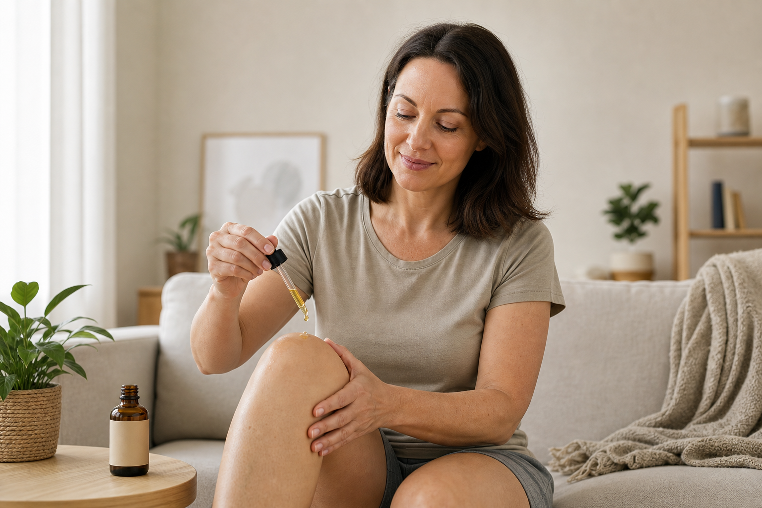 Applying CBD oil to sore knee for joint pain relief