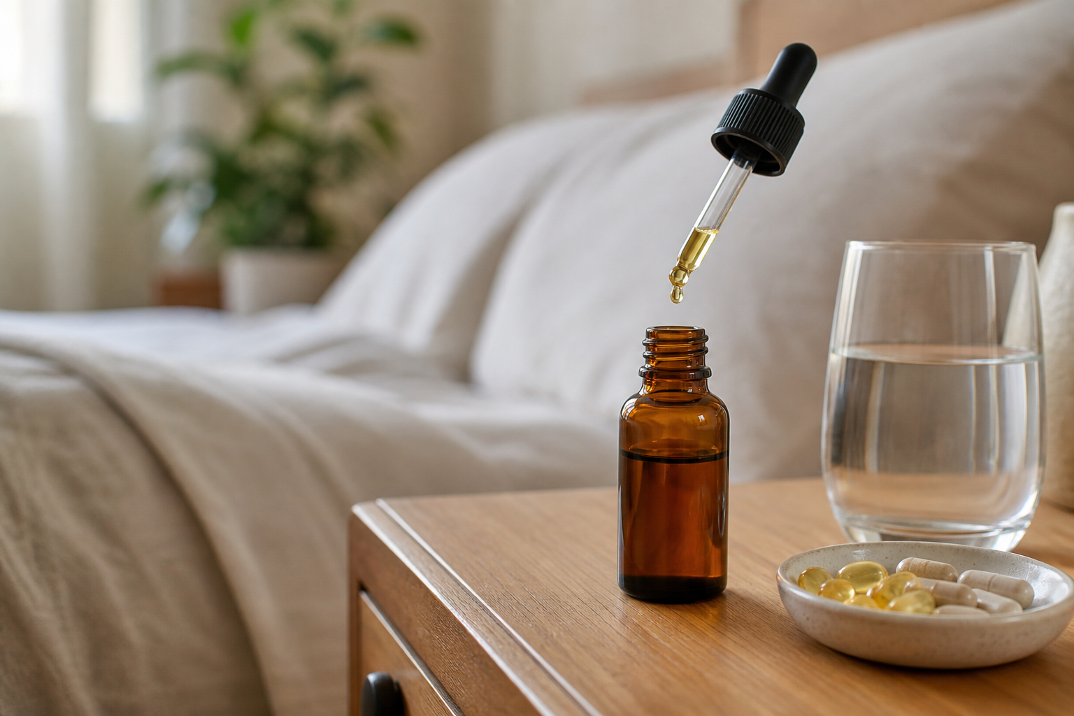 CBD oil bottle and supplements on a nightstand for pain relief